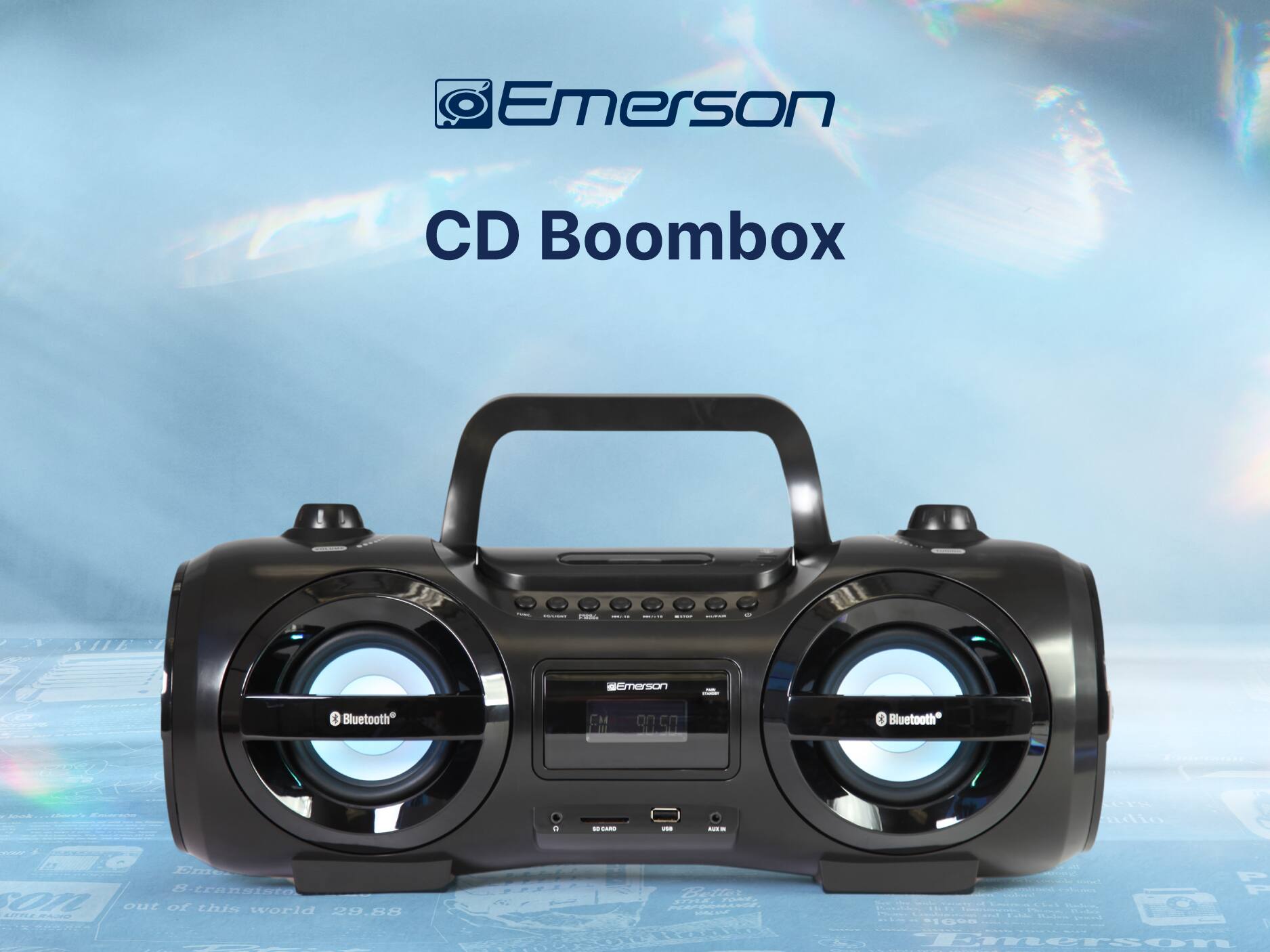 Emerson CD Boombox -- I - Emerson 1 Bluetooth* EM 90.50 e Bluetooth* A  RSAR -.. -  ndio  LIe 8 Stransisto 01L out of this world 28.88 4ITLE P  F  1 Emersor I
