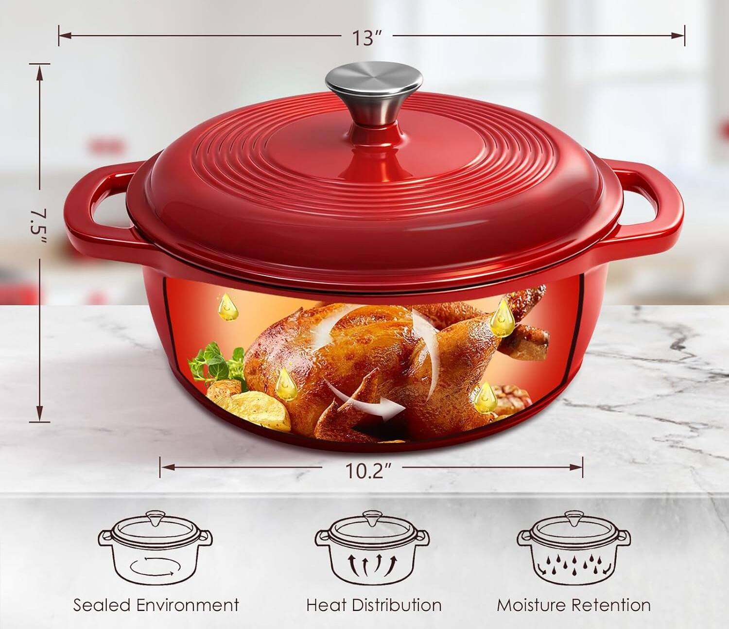 13"  
7.5"  
10.2"  

Sealed Environment  
Heat Distribution  
Moisture Retention