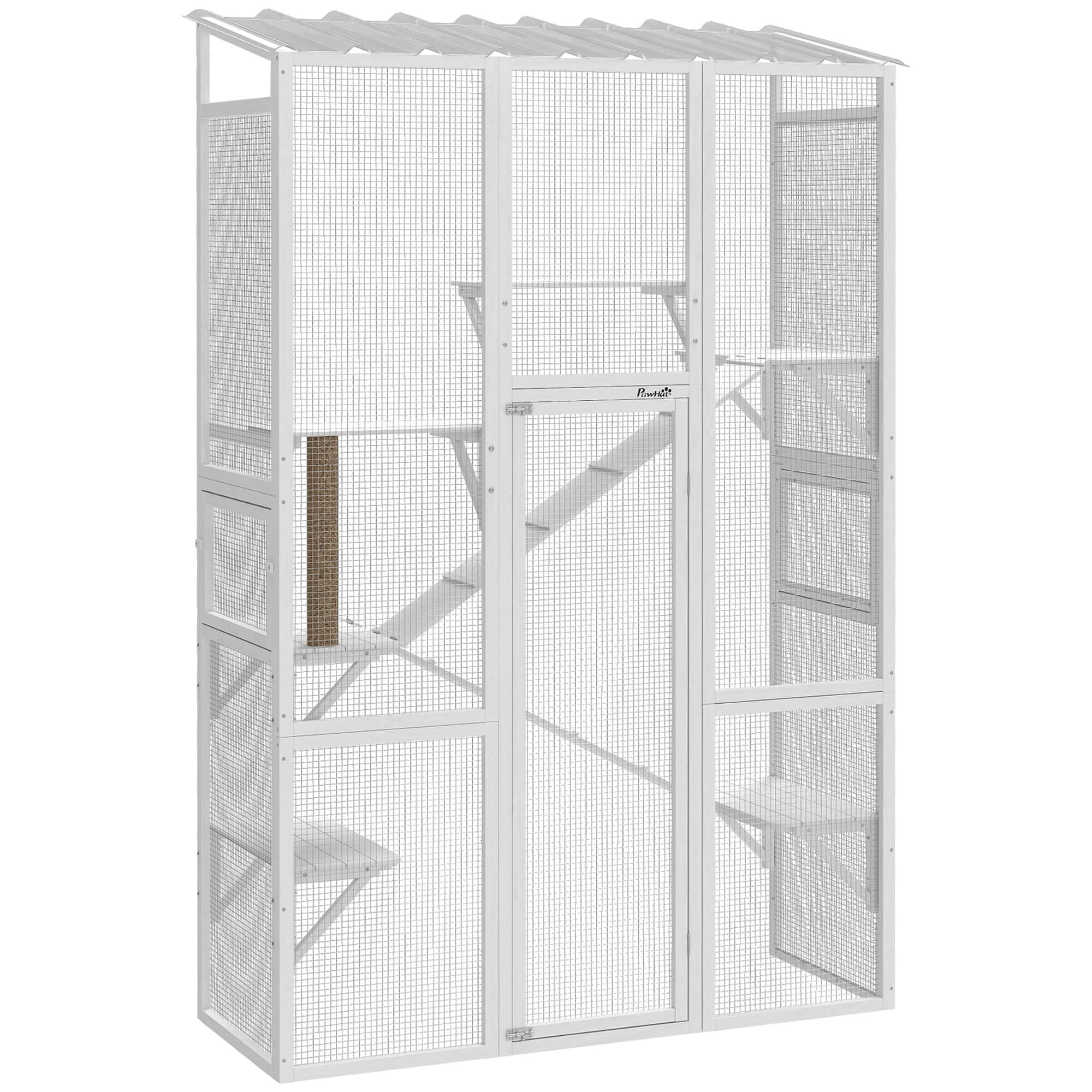 Pawhut - Catio Cat Enclosure, Large Wooden Cat House with 6 Jumping Platforms, Scratching Post, 2 Ramps - White