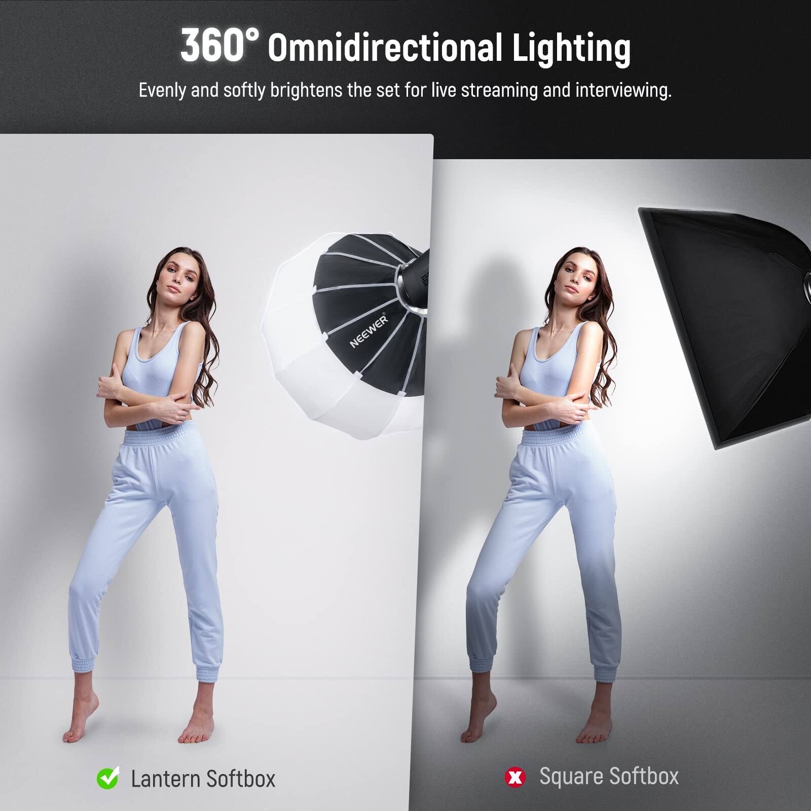 360° Omnidirectional Lighting  
Evenly and softly brightens the set for live streaming and interviewing.  

NEEWER Lantern Softbox  
x Square Softbox