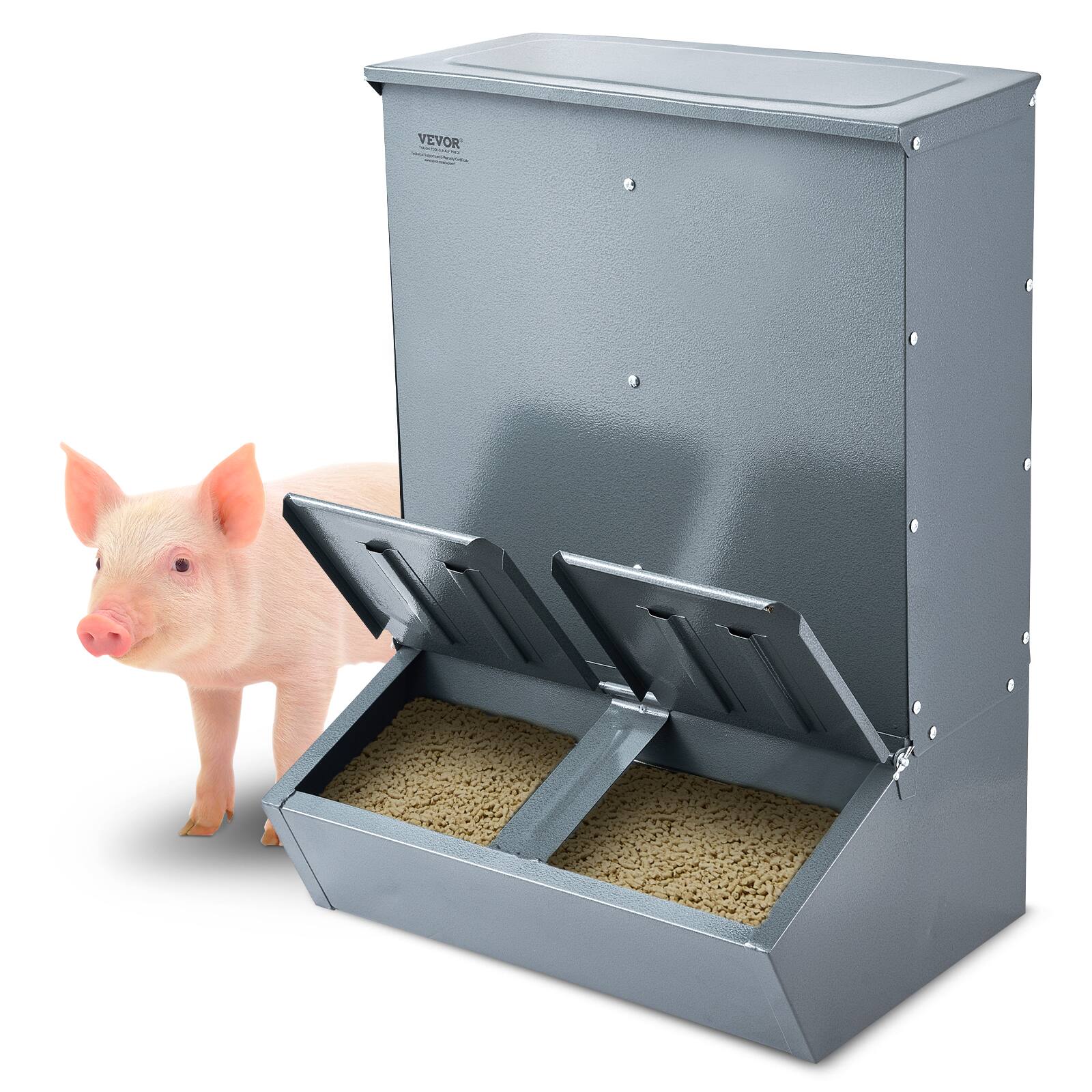 Front. VEVOR - Hog Feeder, 3.7 Bushel Capacity, Double Door Pig Feeder, Heavy Duty Steel Piglets Feeder - black.
