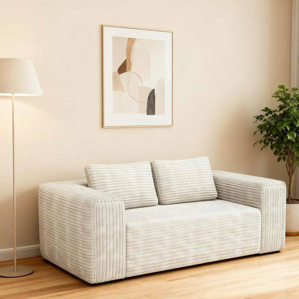 Left. Kadyn - 2-Seater Corduroy Memory Foam Floor Sofa in a Box, No Assembly for Living Room - White.