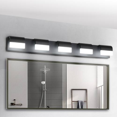 Alt View 2. LUCKY ONE - 5-Light Black LED Vanity Light, Wall Mount Bathroom Fixture Over Mirror with Acrylic Shades - Black.