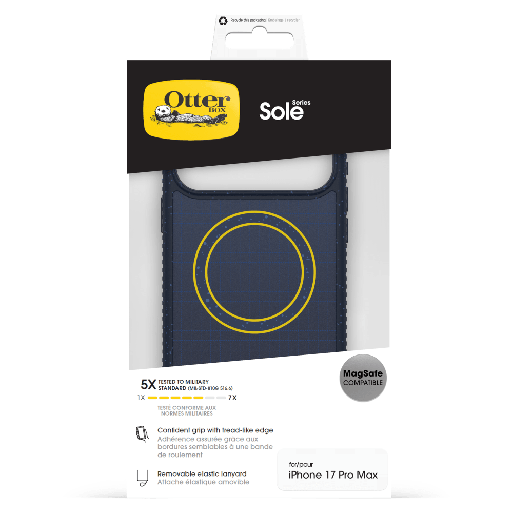 Recycle this packaging  
Otter Series BOX Sole  
TESTED TO MILITARY 5X STANDARD (MIL-STD-810G 516.6) 1X 7X TEST CONFORME AUX NORMES MILITAIRES  
MagSafe COMPATIBLE  
Confident grip with tread-like edge Adhérance assurée grâce aux bordures semblables à une bande de roulement  
Removable elastic lanyard iPhone 17 Pro Max Attache élastique amovible