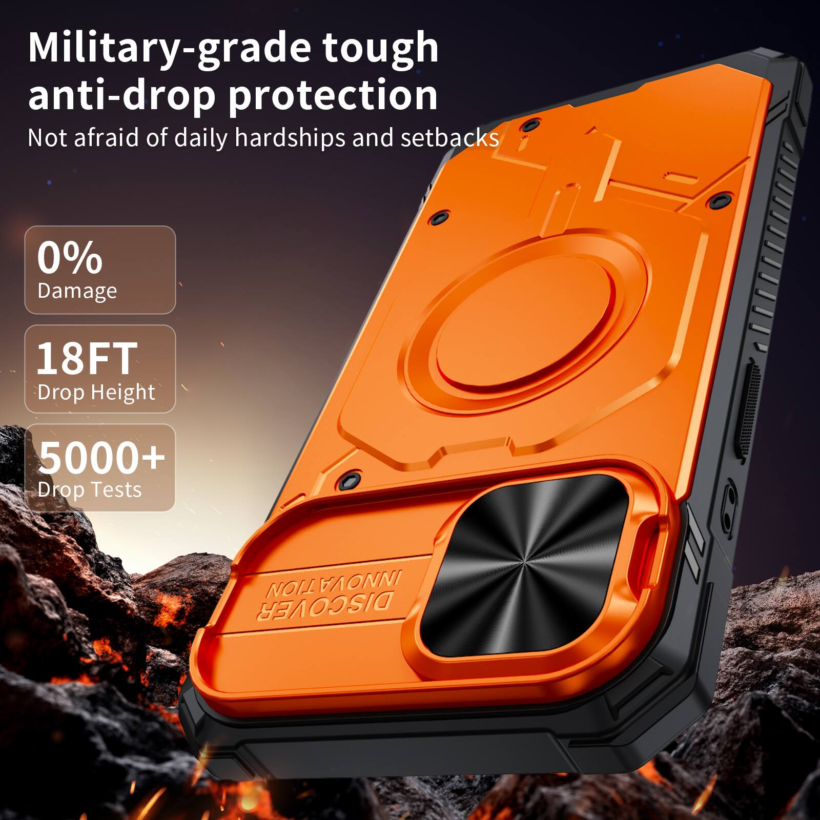 Military-grade tough anti-drop protection  
Not afraid of daily hardships and setbacks  

0% Damage  
18FT Drop Height  
5000+ Drop Tests  

INNOVATION DISCOVER