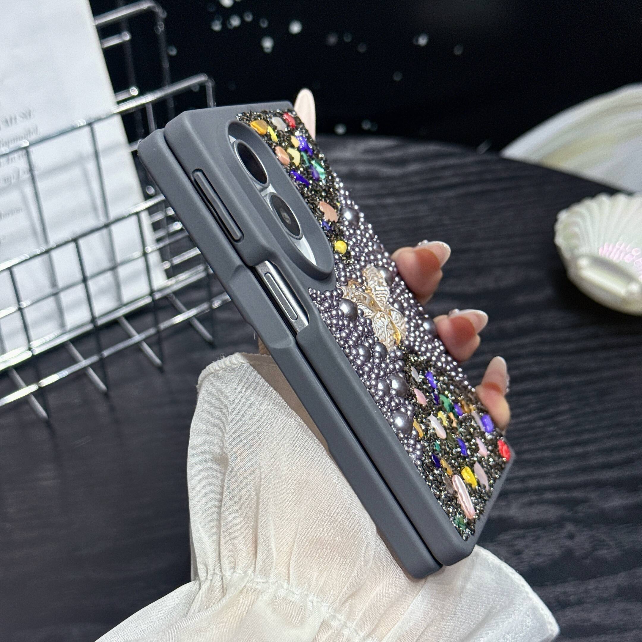 Back. Dteck - Diamond Case for Samsung Galaxy Z Fold 8, Sparkle Glitter Rhinestone Butterfly Phone Cover with Strap - Gray.