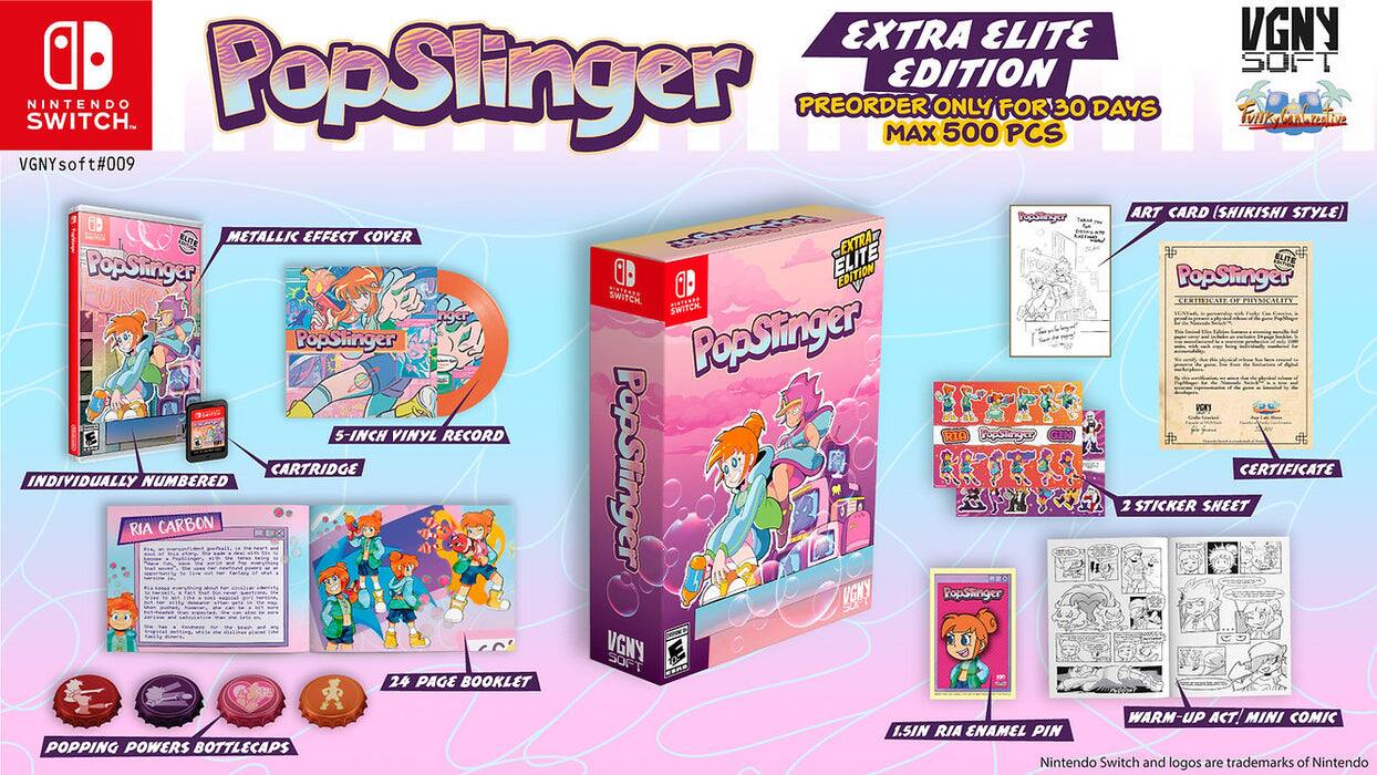 **PopSlinger Extra Elite Edition**

- **VGNY Soft #009**
- **Preorder Only for 30 Days**
- **Max 500 PCS**

**Contents:**
- **Metallic Effect Cover**
- **5-inch Vinyl Record**
- **Cartridge**
- **Individually Numbered RIA Carbon**
- **24 Page Booklet**
- **Popping Powers Bottle Caps**
- **1.5-inch RIA Enamel Pin**
- **Art Card (Shikishi Style)**
- **Certificate**
- **2 Sticker Sheet**
- **Warm-Up Act! Mini Comic**

**Additional Items:**
- **PopSlinger Certificate**
- **PopSlinger Art Card (Shikishi Style)**

**Note:**
- Nintendo Switch and logos are trademarks of Nintendo.

**VGNY Soft**
- **FankyCanareative**