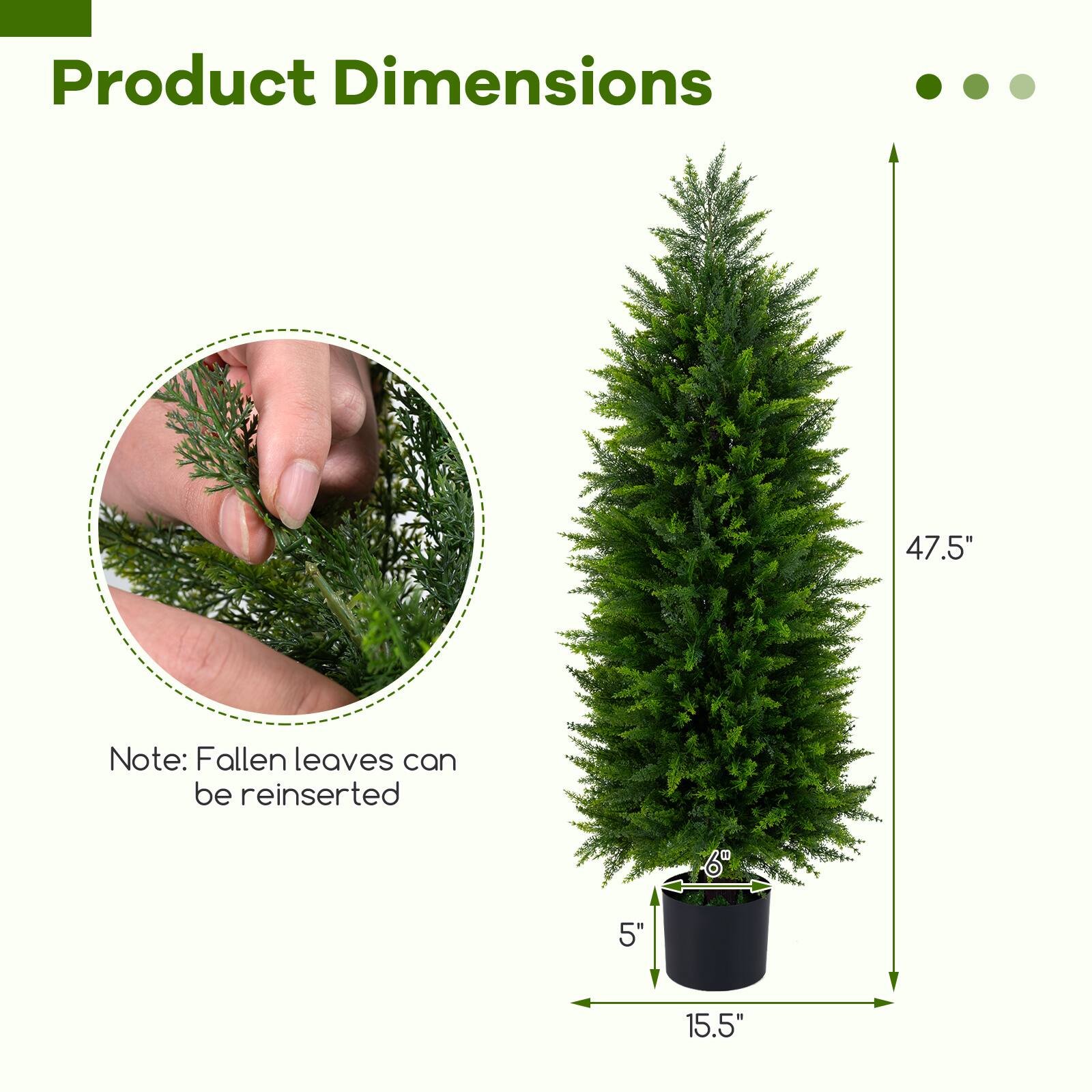 Product Dimensions

- Height: 47.5"
- Width: 15.5"
- Depth: 5"

Note: Fallen leaves can be reinserted