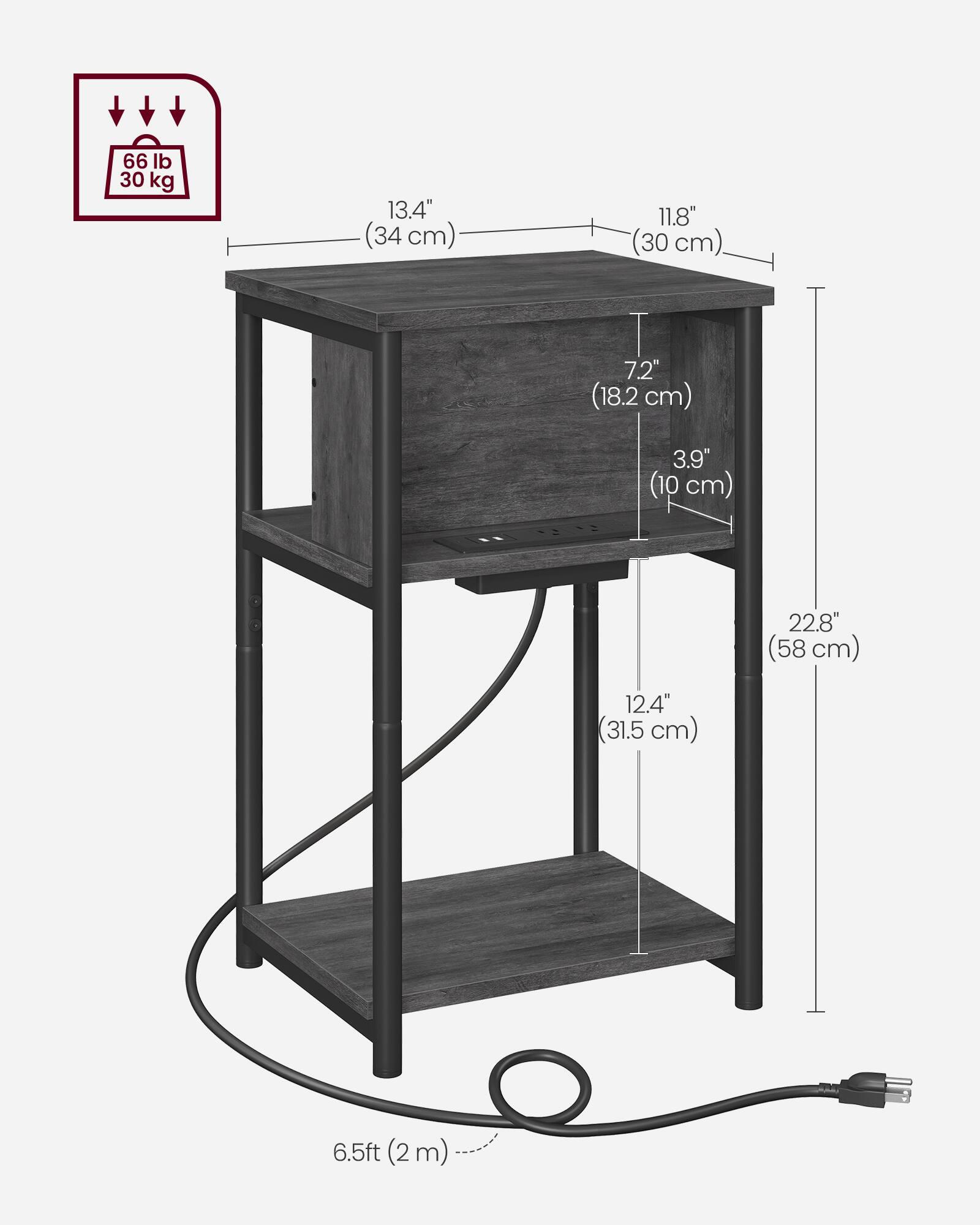66 lb (30 kg)  
13.4" (34 cm)  
11.8" (30 cm)  
7.2" (18.2 cm)  
3.9" (10 cm)  
22.8" (58 cm)  
12.4" (31.5 cm)  
6.5 ft (2 m)