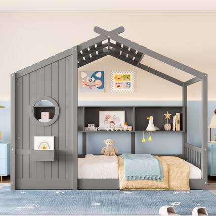 Front. GOODSILO - Twin Size Floor House Bed for Toddlers and Kids with Storage Shelf and Playhouse Roof Design - Gray.