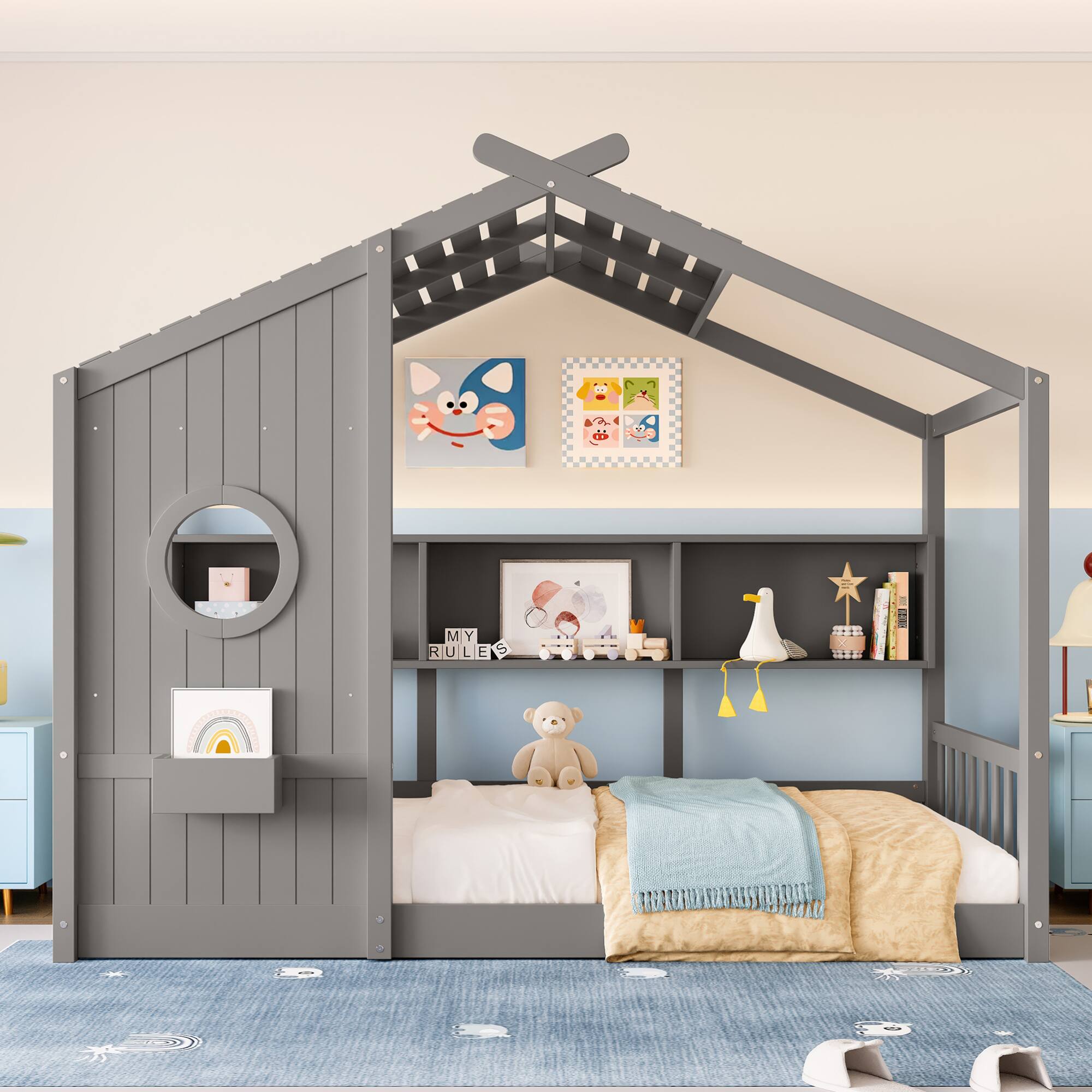 GOODSILO - Twin Size Floor House Bed for Toddlers and Kids with Storage Shelf and Playhouse Roof Design - Gray
