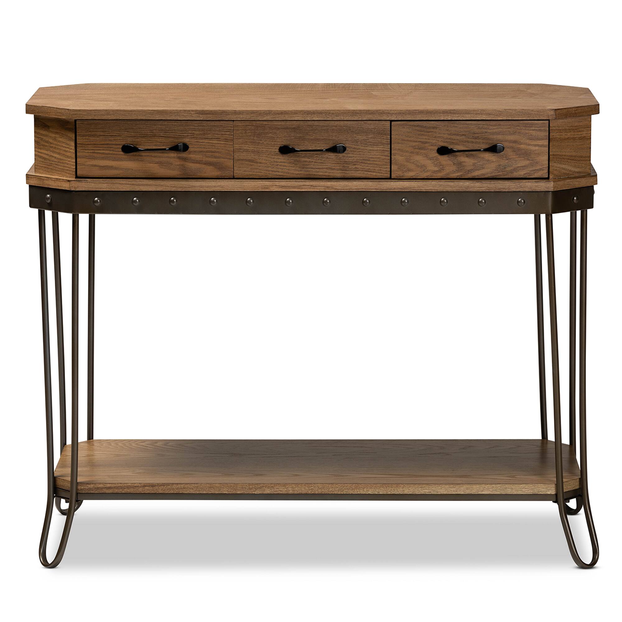 Left. Baxton Studio - Kellyn Vintage Rustic Industrial Finished Wood and Finished Metal 3-Drawer Console Table  - Oak Brown/Black.