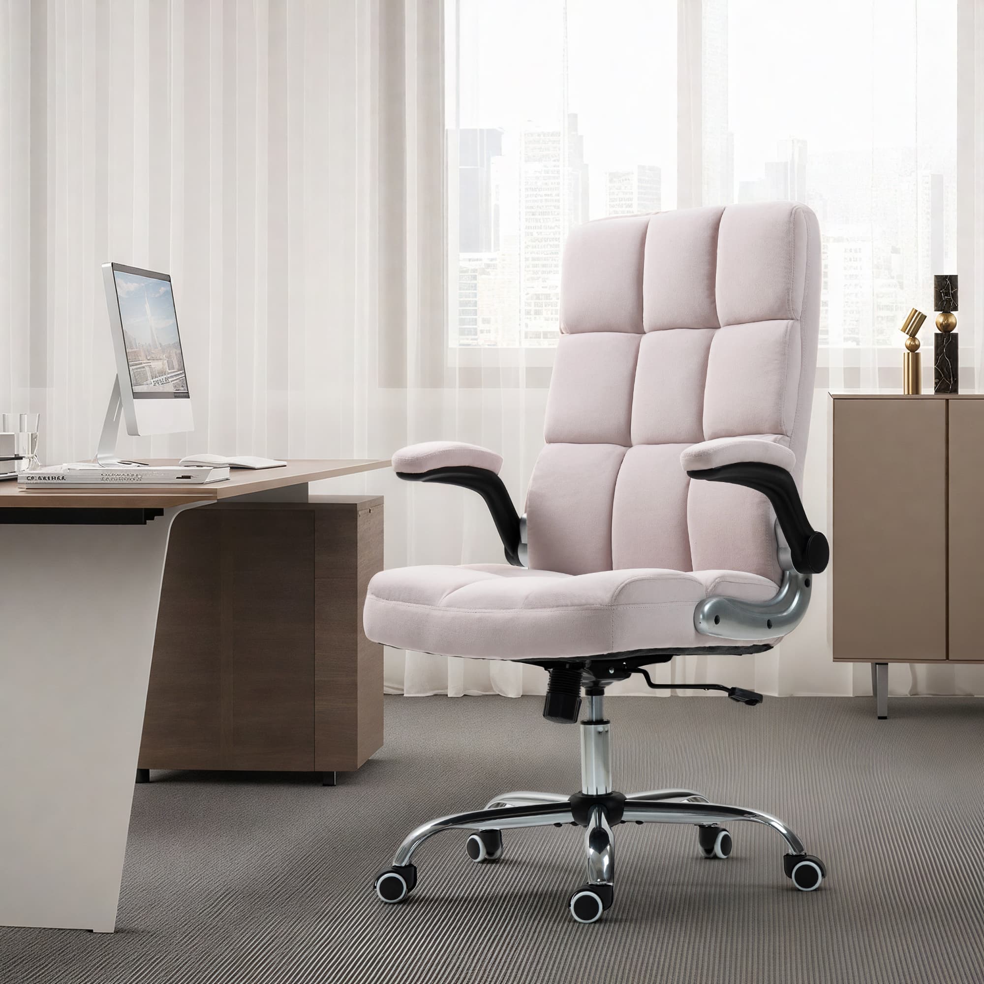 U-HOMY - Velvet Executive Office Chair: Ergonomic Desk Chair with Adjustable Height & 360° Rotation - Pink 1