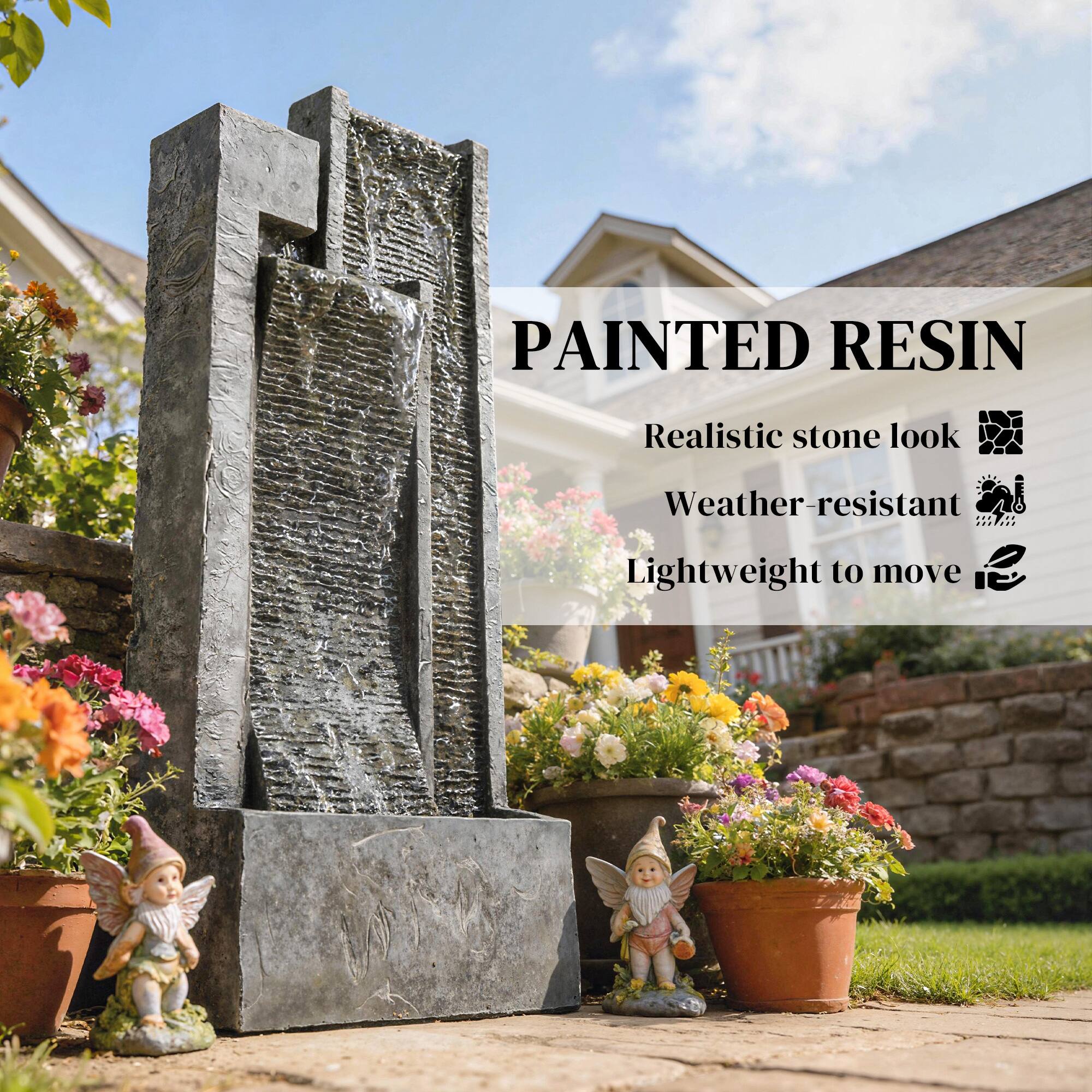 PAINTED RESIN  
Realistic stone look  
Weather-resistant  
Lightweight to move