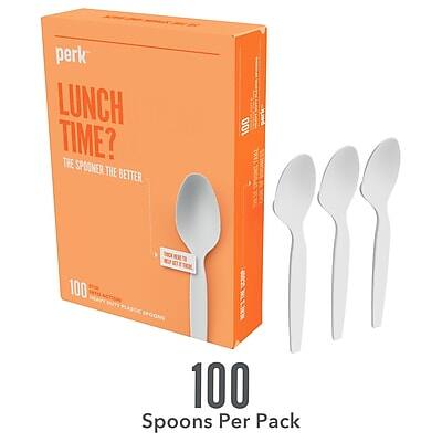 Perk  
Lunch Time?  
The Spooner The Better  

100  
100% Compostable Plastic Spoons  
100 Spoons Per Pack