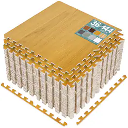 Sorbus - 144 Sq. Ft. Wood Grain Floor Tiles Foam Mat EVA Interlocking Mats Tile 3/8-Inch Thick Flooring Mats w/Borders - Golden Brown