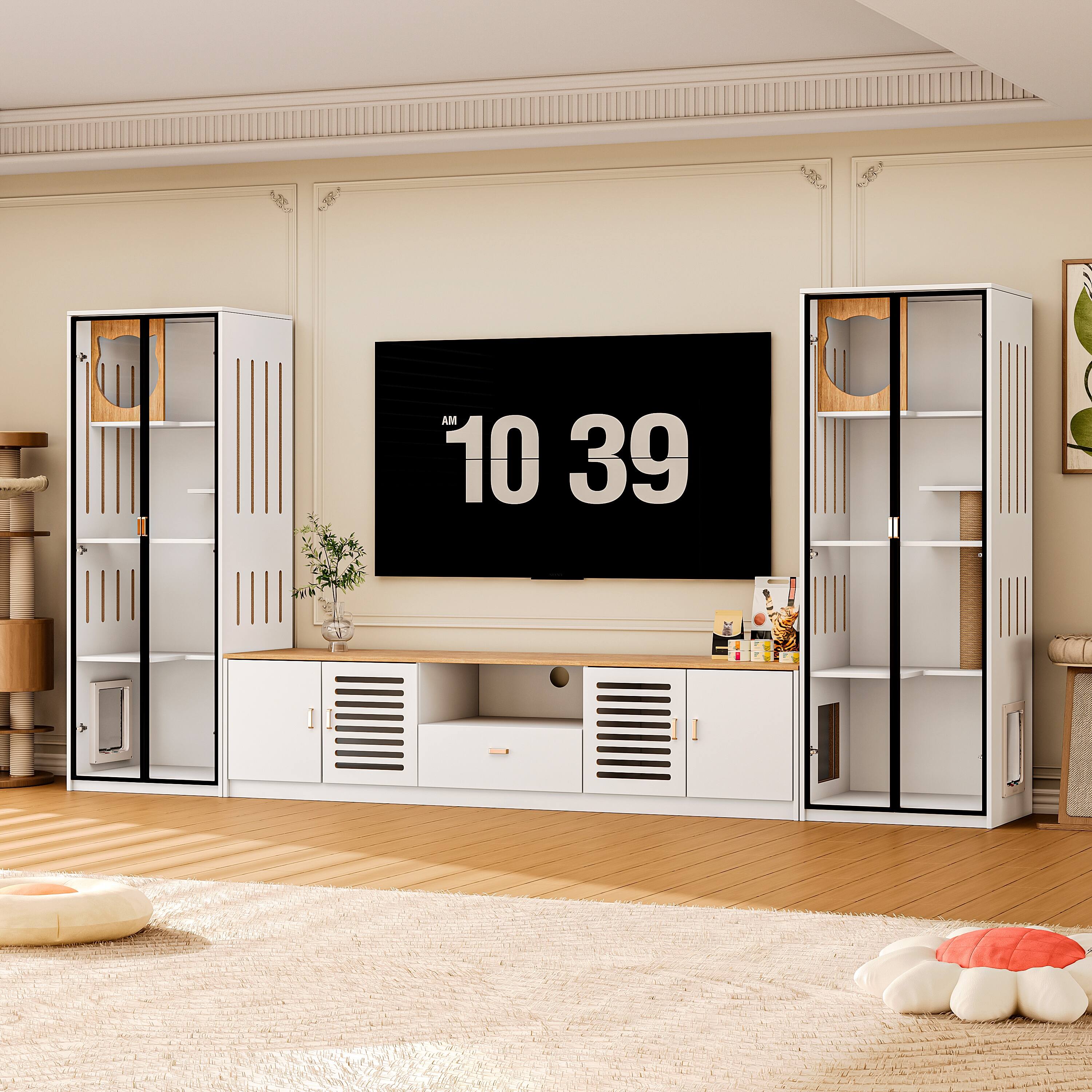 Front. MSOOB - 118" Entertainment Center, Hidden Furniture Style Cat Litter Box Enclosure, Included TV Stand and Glass Cat House - White.