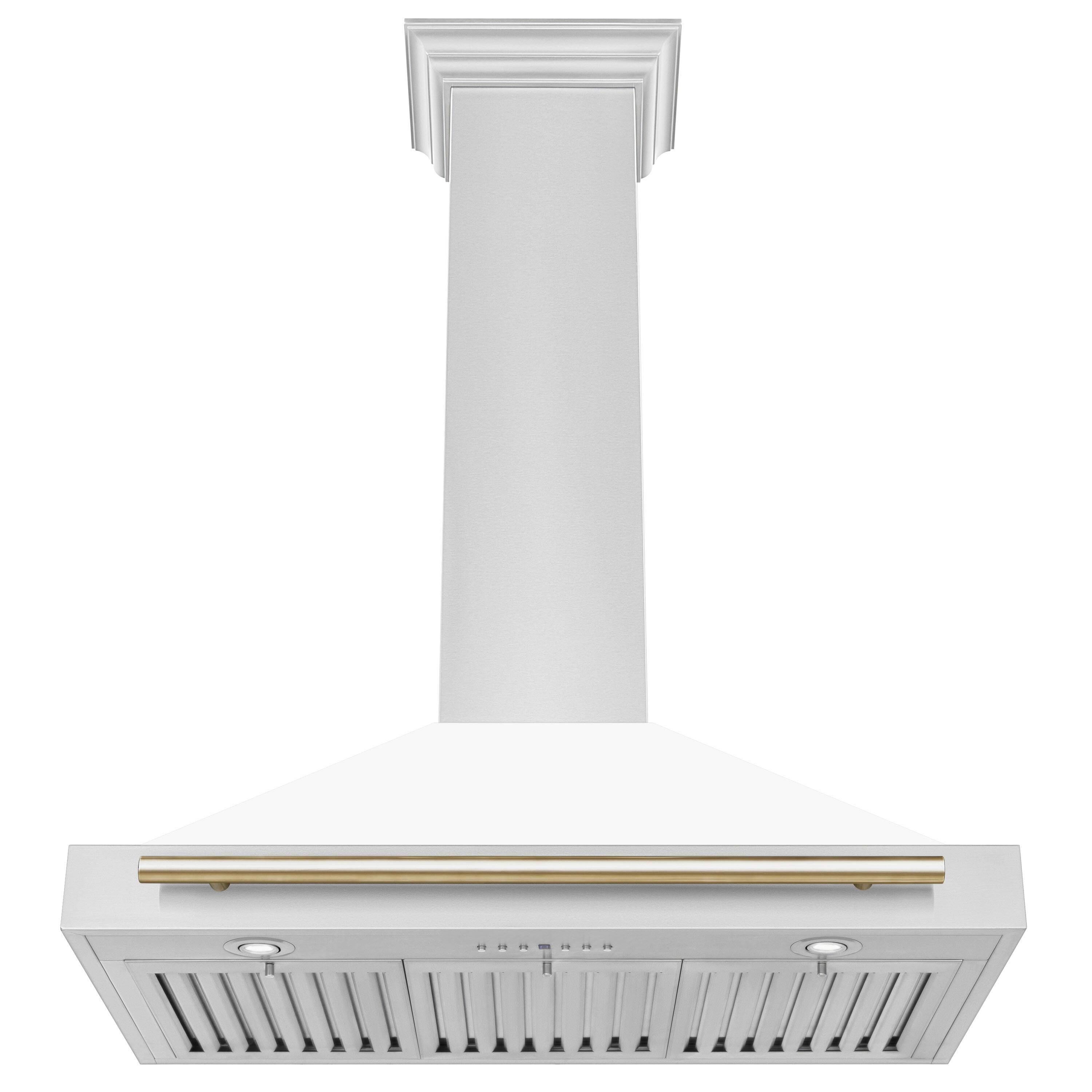 Angle. ZLINE - ZLINE 36 in. Autograph Edition Convertible Stainless Steel Range Hood with White Matte Shell and Polished Gold Accents - White Matte.