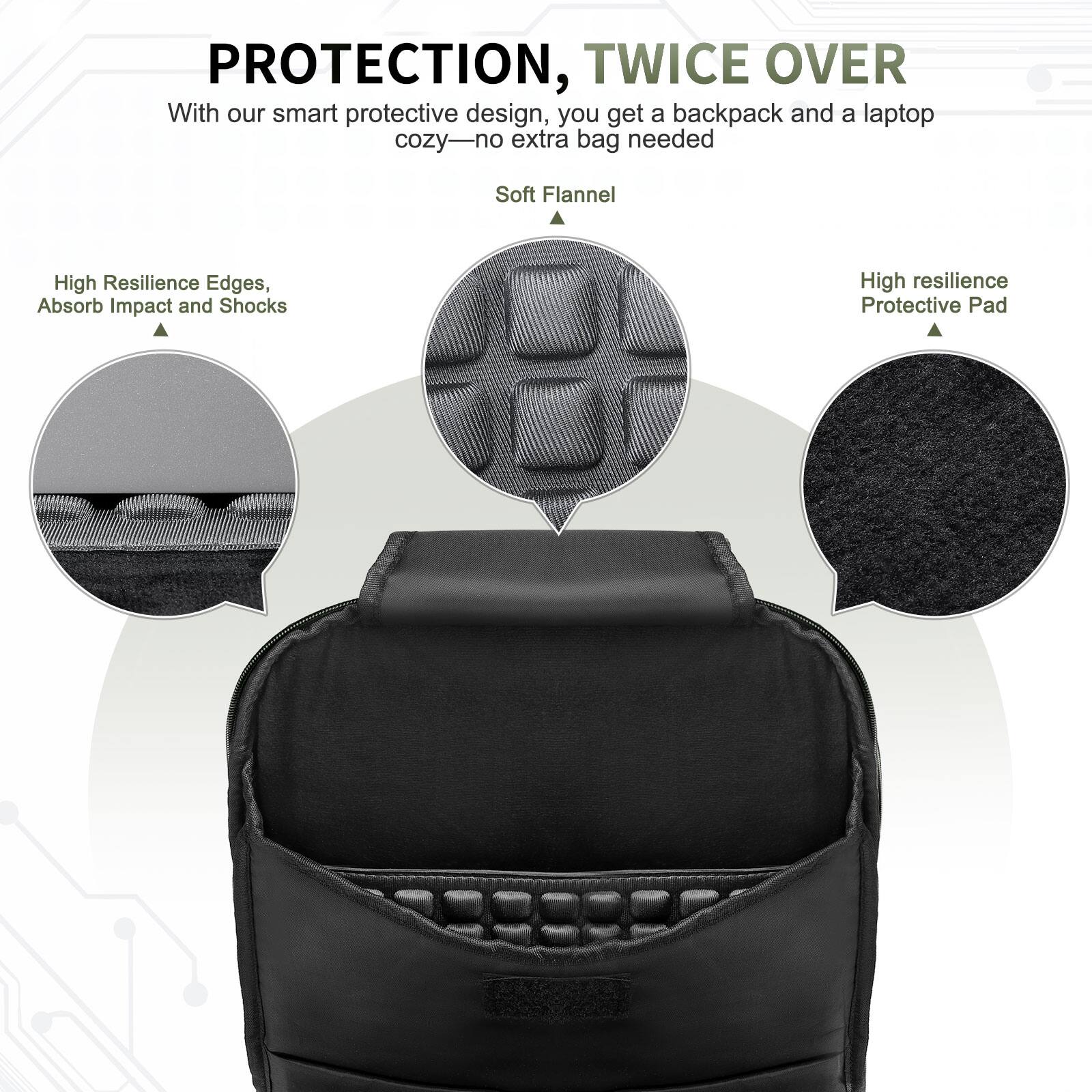 **PROTECTION, TWICE OVER**

With our smart protective design, you get a backpack and a laptop cozy—no extra bag needed

- Soft Flannel
- High Resilience Edges, Absorb Impact and Shocks
- High resilience Protective Pad