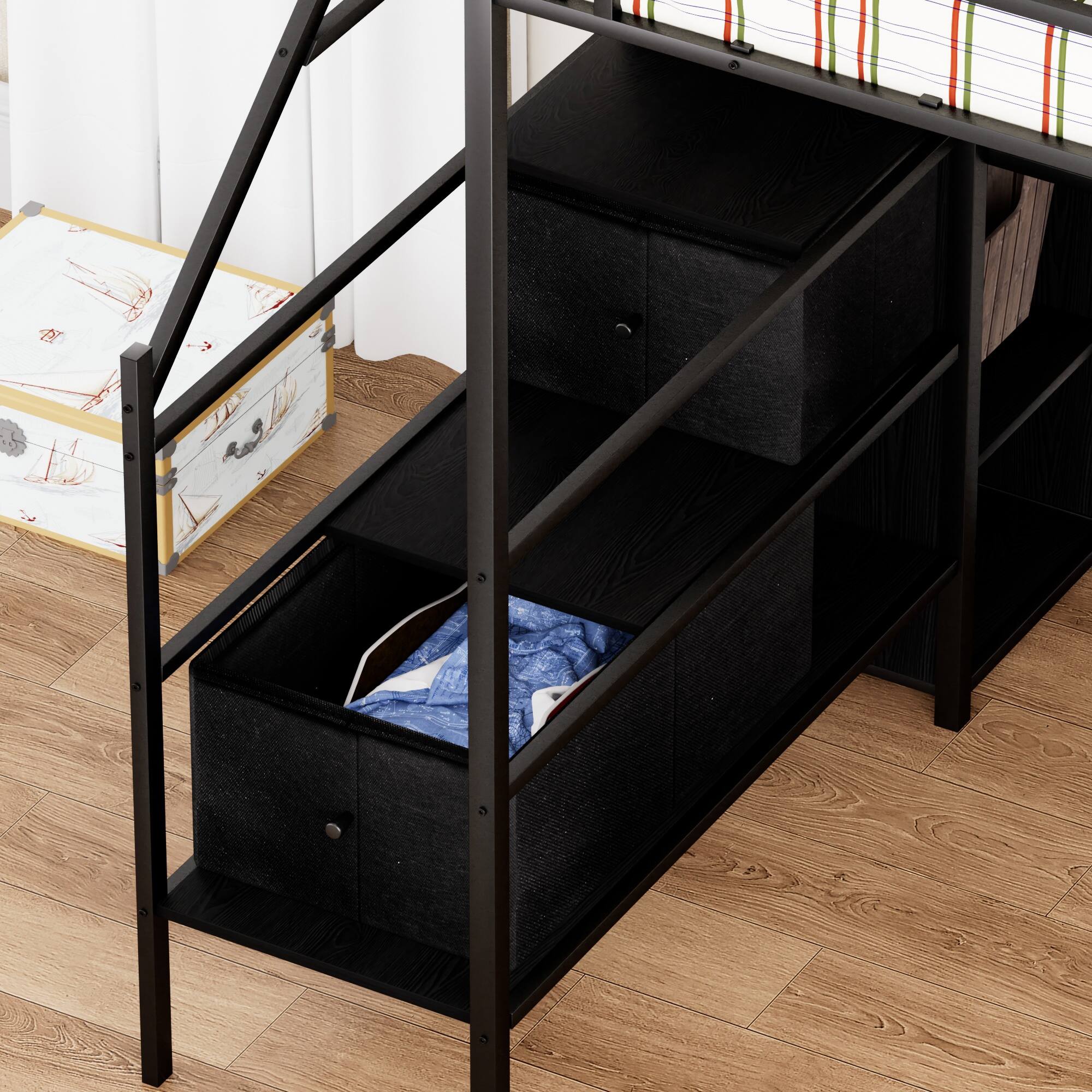 Back. Spaco - Spaco Full Metal Loft Bed, Bunk Bed with Built-in L-Shaped Desk, USB Charging, LED Lights, Storage Cabinet, Safety Rails - Black.