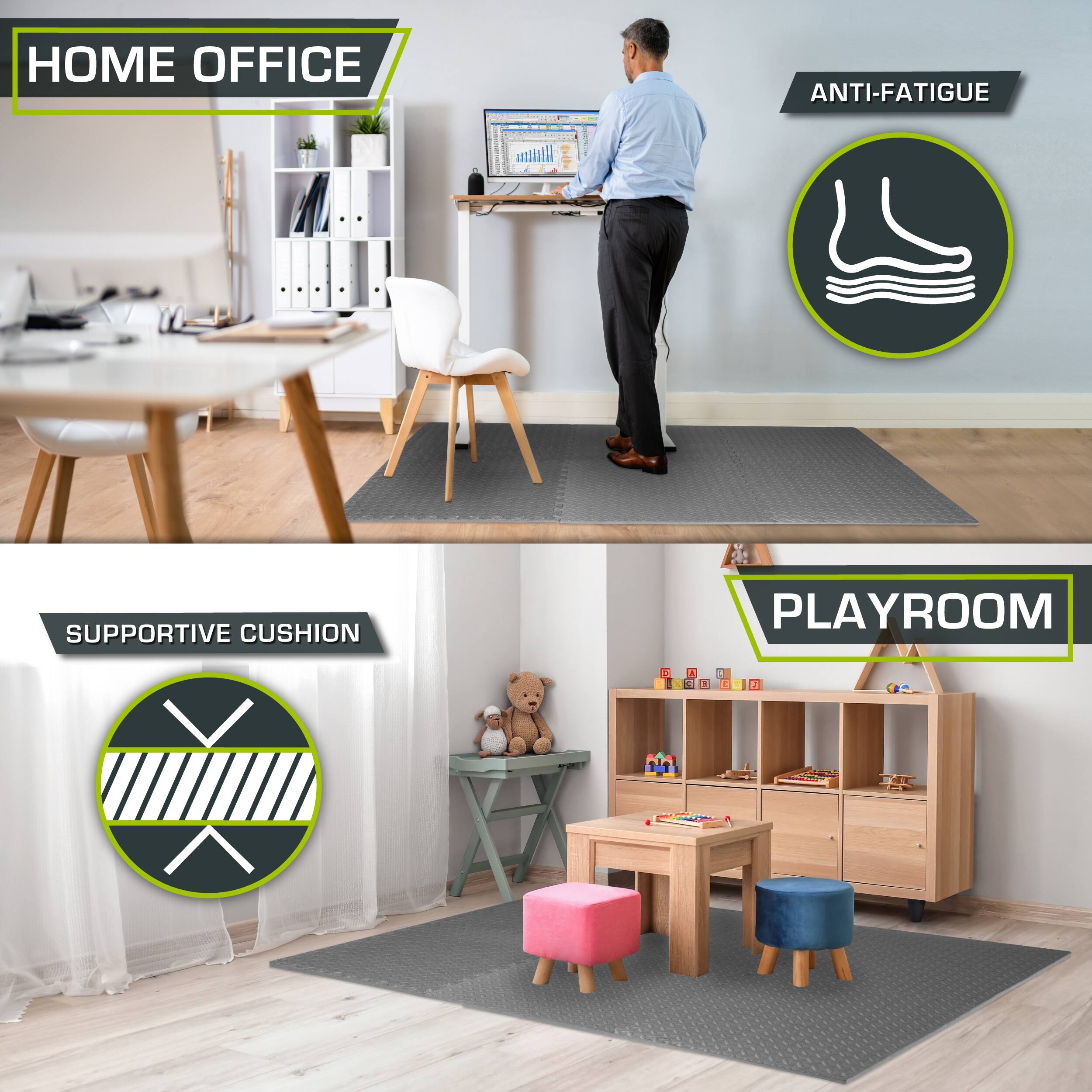 The corrected text from the image is:

- HOME OFFICE
- ANTI-FATIGUE
- SUPPORTIVE CUSHION
- PLAYROOM