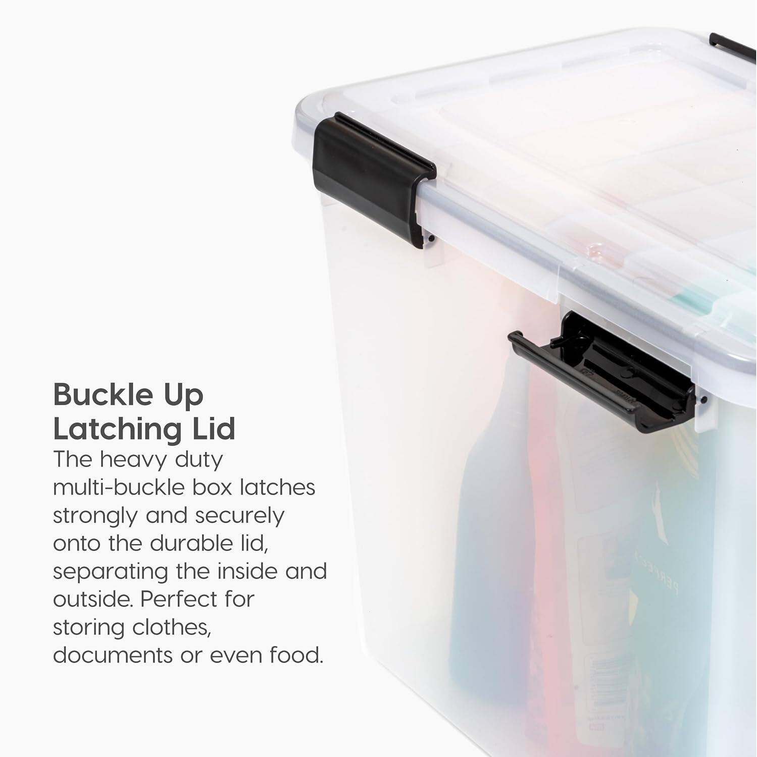 Buckle Up Latching Lid

The heavy duty multi-buckle box latches strongly and securely onto the durable lid, separating the inside and outside. Perfect for storing clothes, documents or even food.