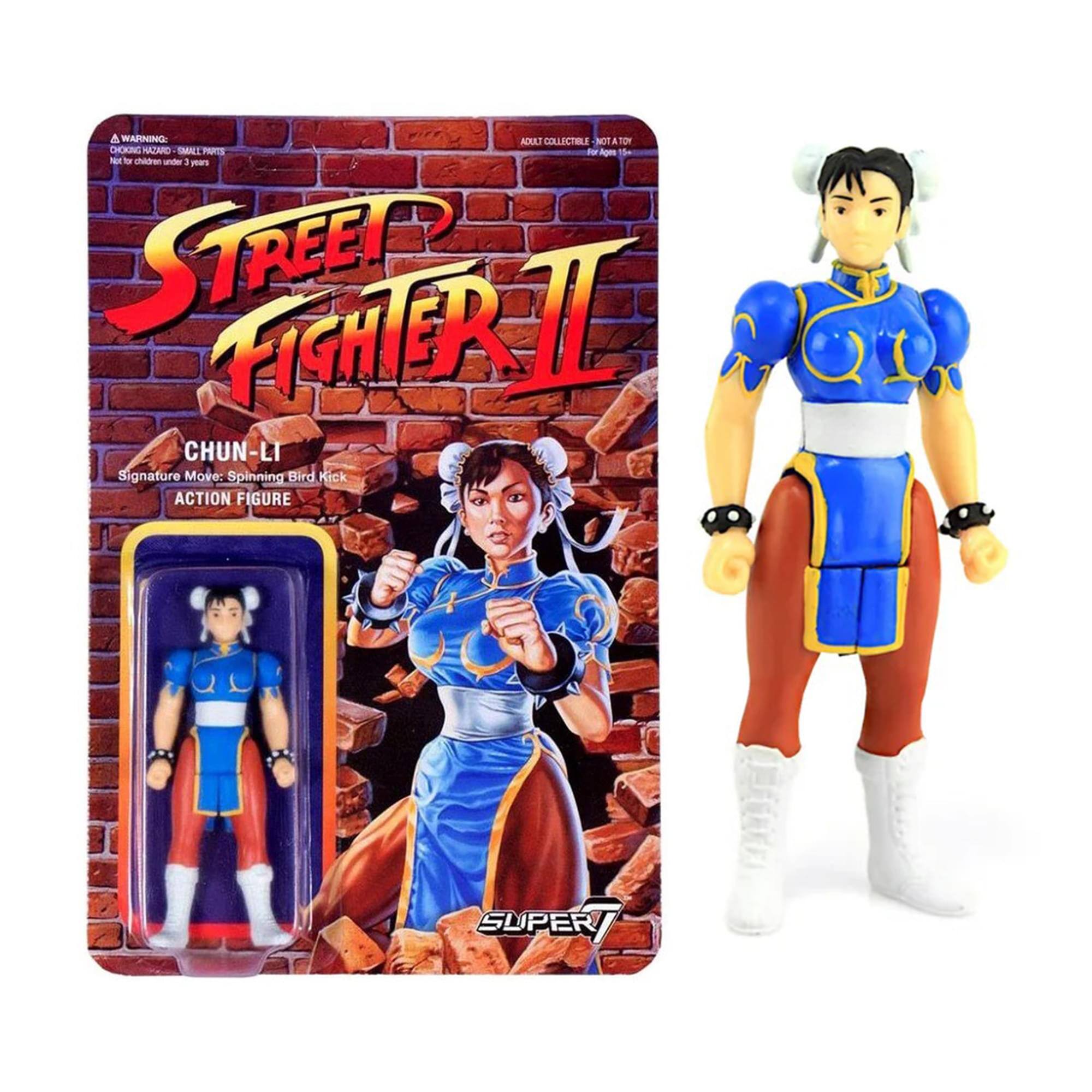A WARNING: CHOKING HAZARD - SMALL PARTS. Not for children under 3 years.  
STREET FIGHTER II  
CHUN-LI  
Signature Move: Spinning Bird Kick  
ACTION FIGURE  
SUPER7
