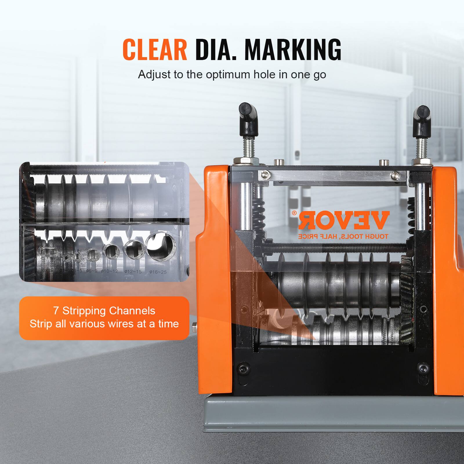 CLEAR DIA. MARKING  
Adjust to the optimum hole in one go  

VEVOR PRICE HALF TOOLS, TOUGH  

21012 012-15 01-25 7  

Stripping Channels  
Strip all various wires at a time