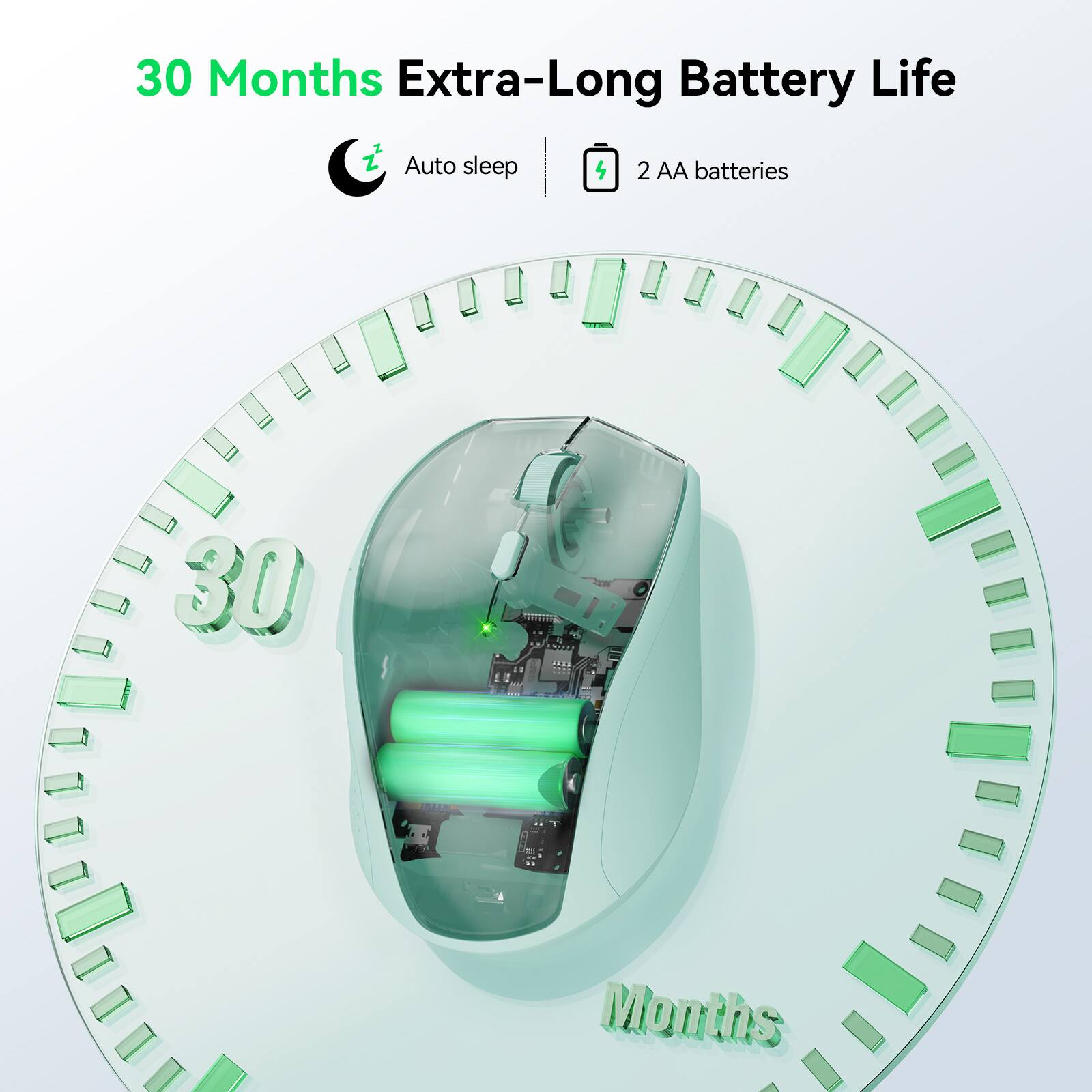 30 Months Extra-Long Battery Life  
Auto sleep  
2 AA batteries