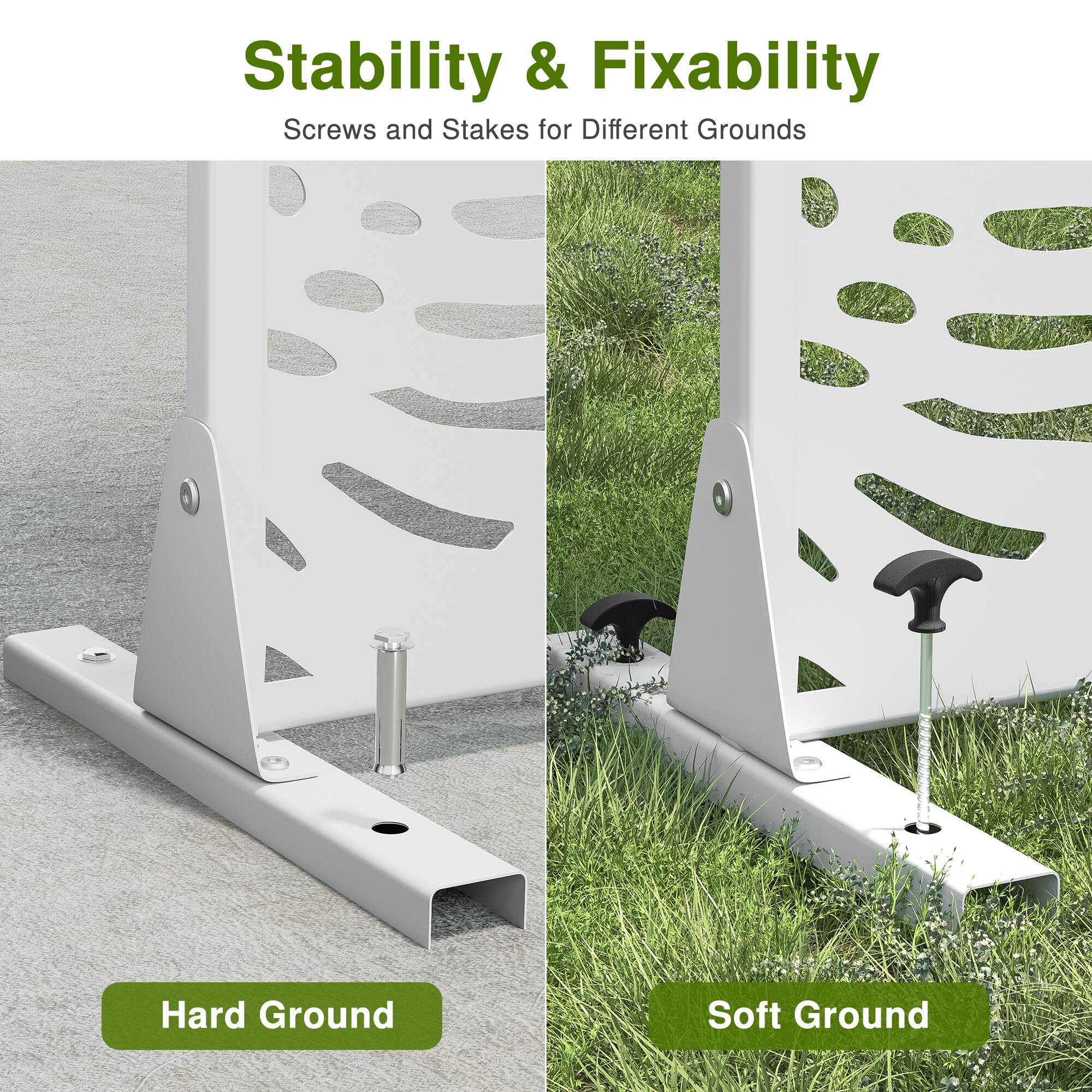 Stability & Fixability  
Screws and Stakes for Different Grounds  

Hard Ground  
Soft Ground