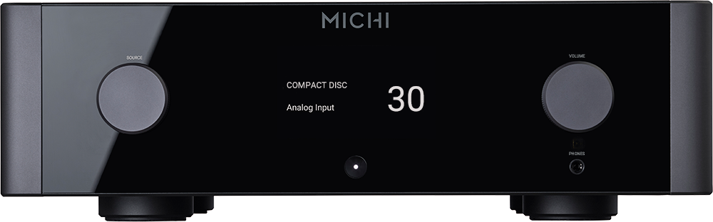 The text on the image reads: "Michi Source Volume Compact Disc Analog Input 30 Phones."