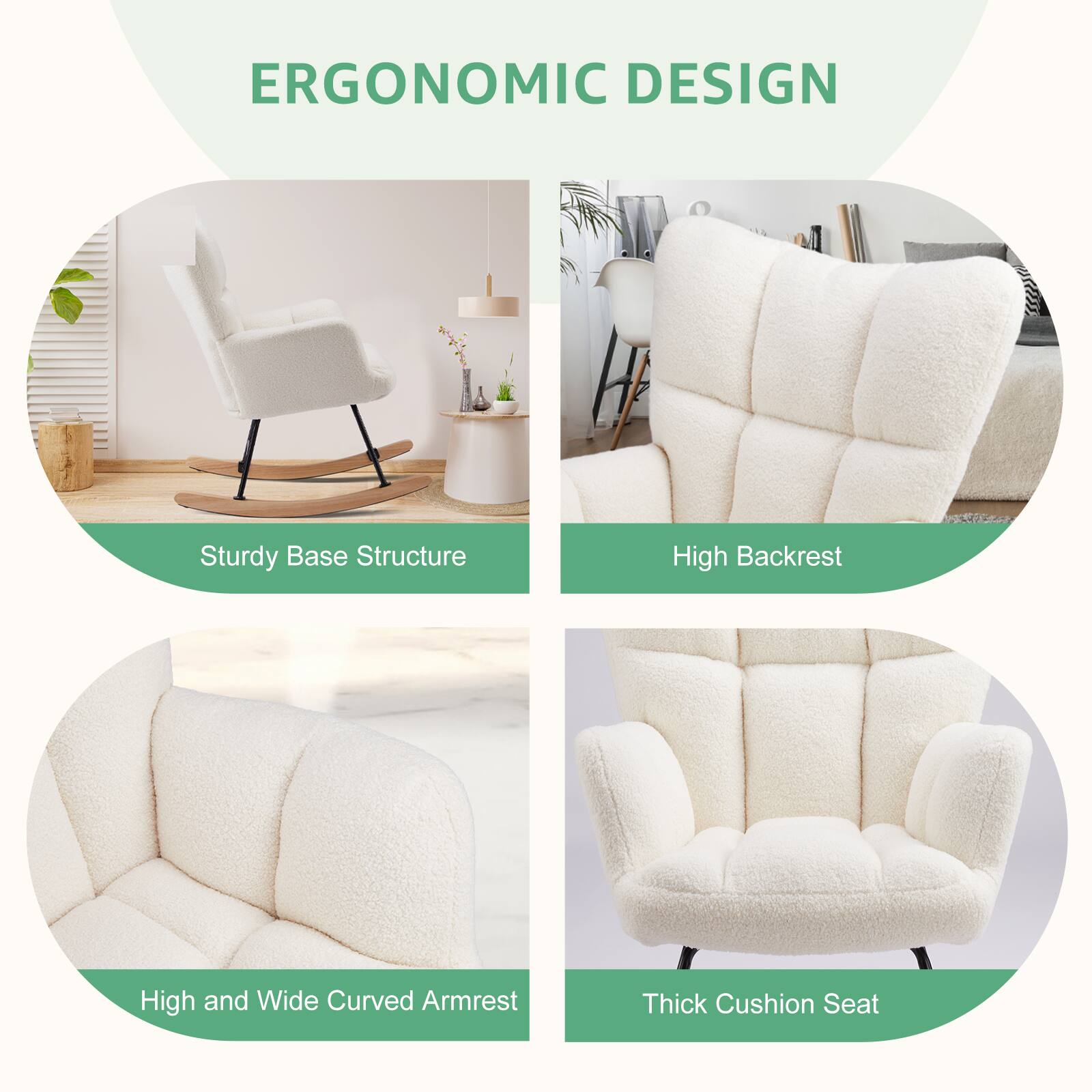 ERGONOMIC DESIGN

- Sturdy Base Structure
- High Backrest
- High and Wide Curved Armrest
- Thick Cushion Seat
