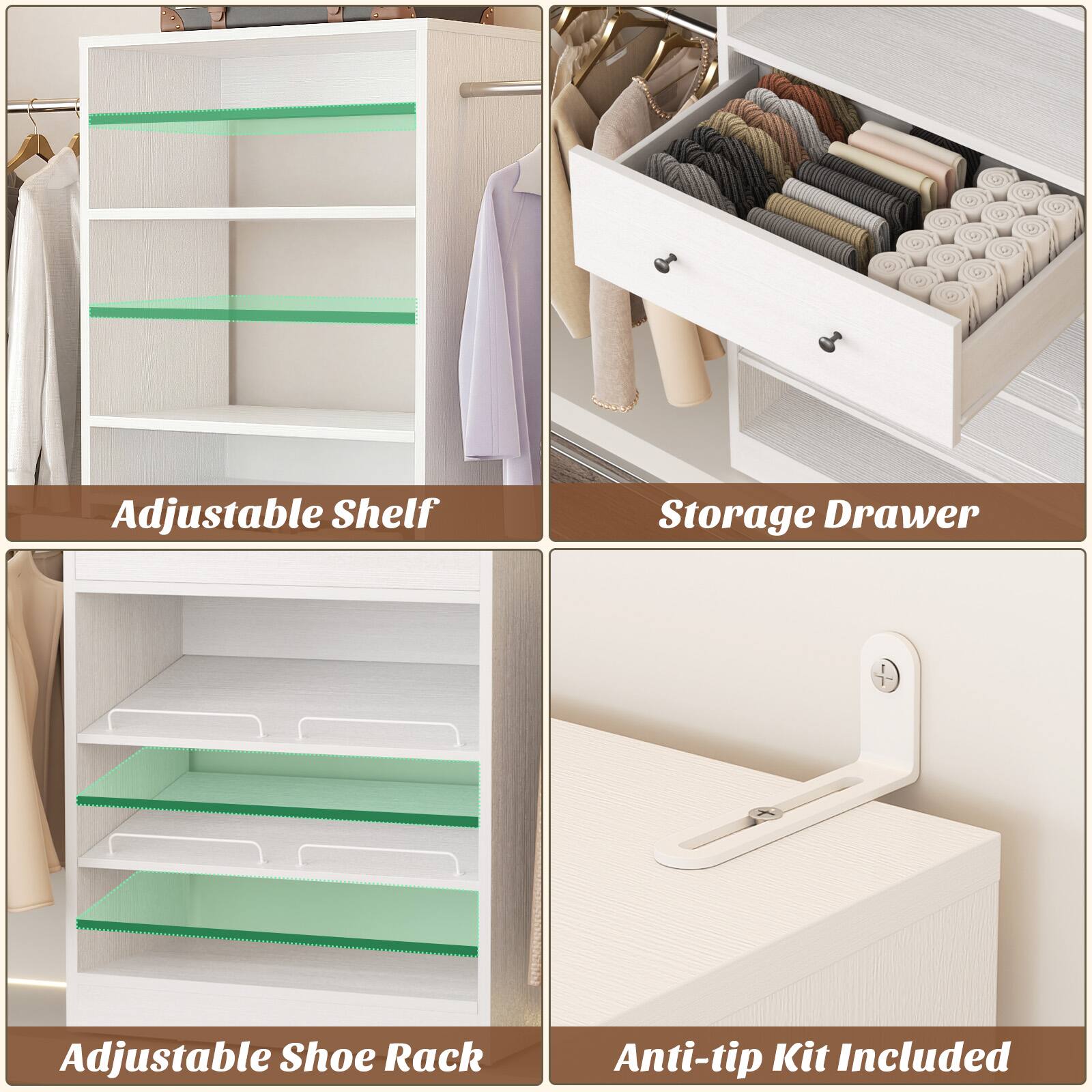 Adjustable Shelf Storage Drawer Adjustable Shoe Rack Anti-tip Kit Included