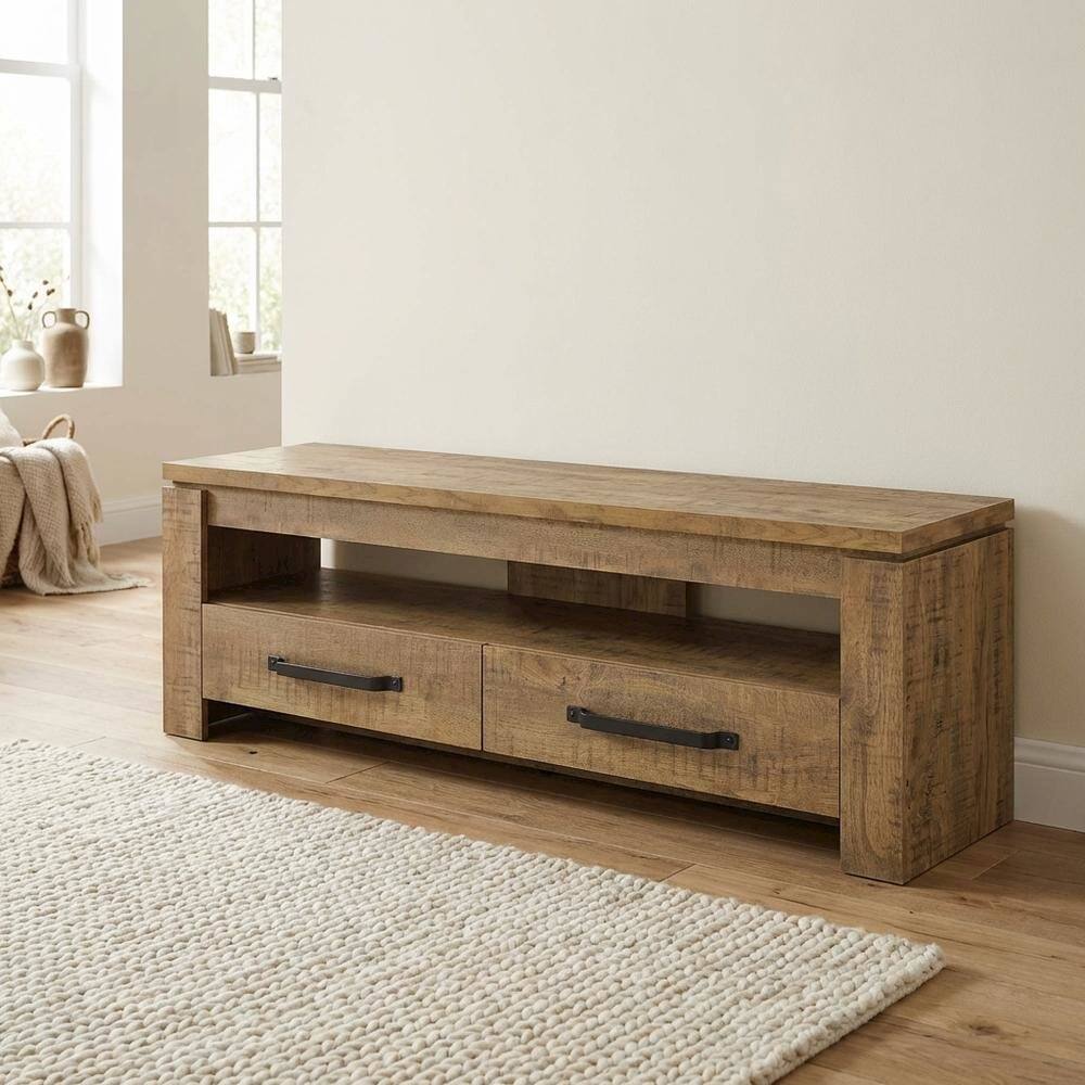 Alt View 2. FurniFact - TV stand, 2 drawers, engineered wood, rubberwood solids & walnut veneers - Green.