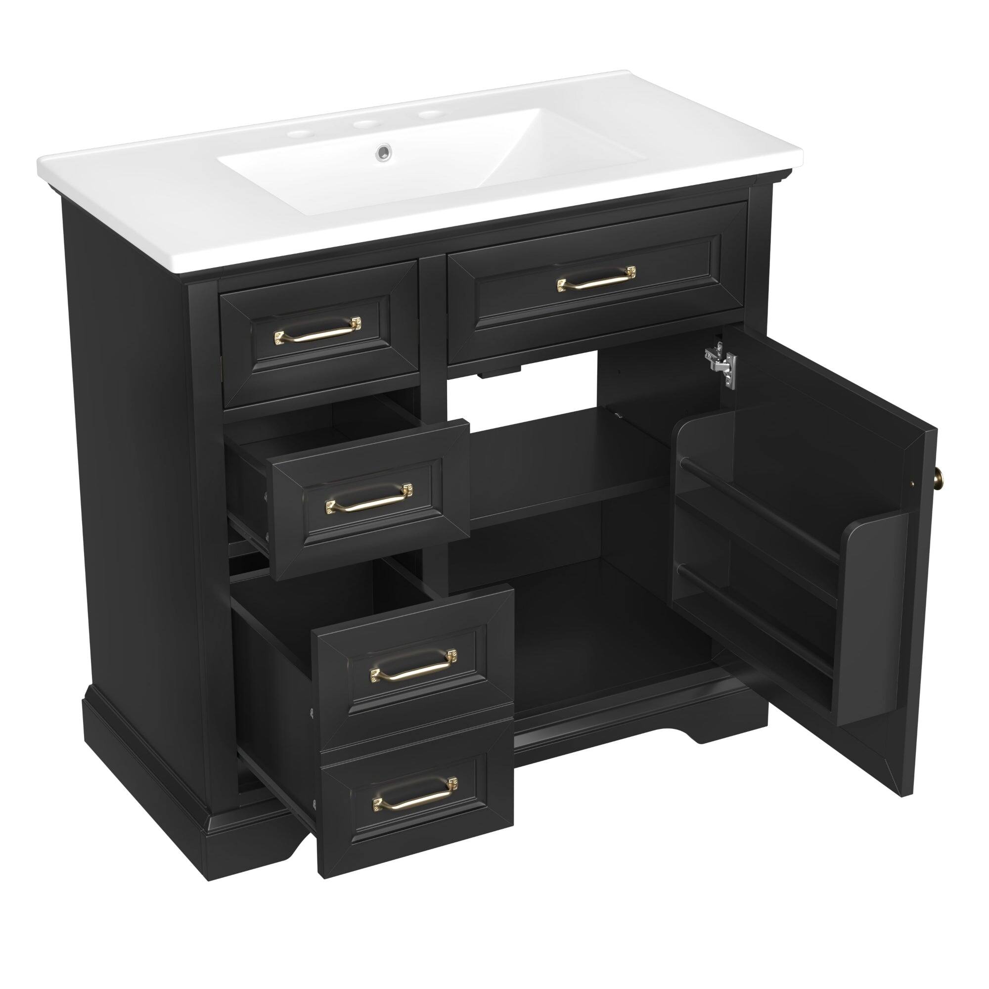 Alt View 7. Boyel Living - 36 Inch Bathroom Vanity with Ceramic Sink Top Four Drawers and One Soft Close Door Freestanding Cabinet Black Finish - Black.