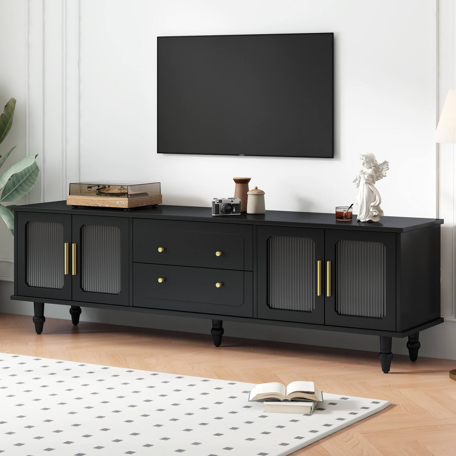 Alt View 1. Ecooso - Retro Design TV Stand with Fluted Glass Doors for TVs Up to 78'', Practical Media Console with 2 Drawers and Cabinets - Black.