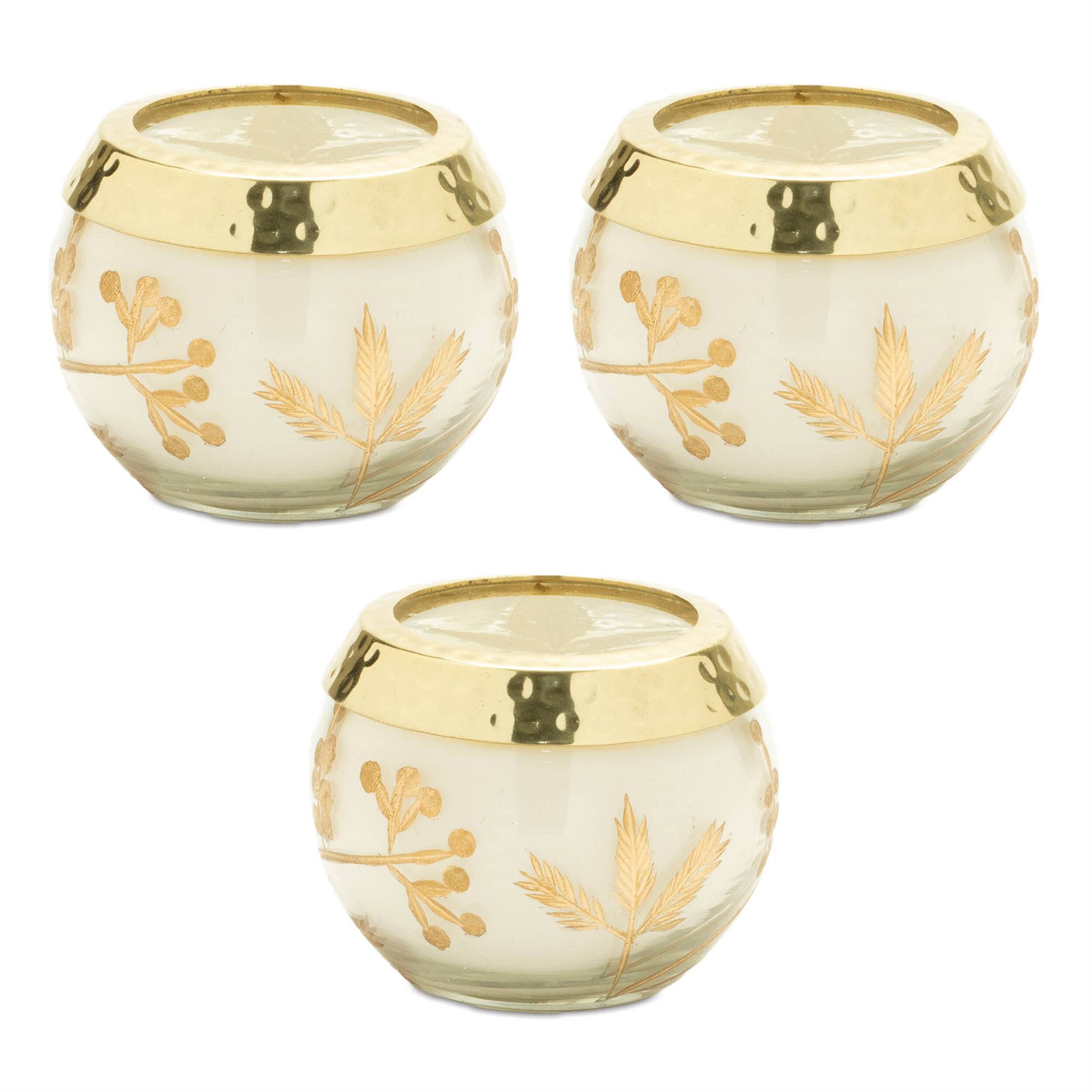 Alt View 2. BreeBe - Frosted Juniper Scented Soy Candle with Pressed Leaf Lid (Set of 3) - White, Gold.