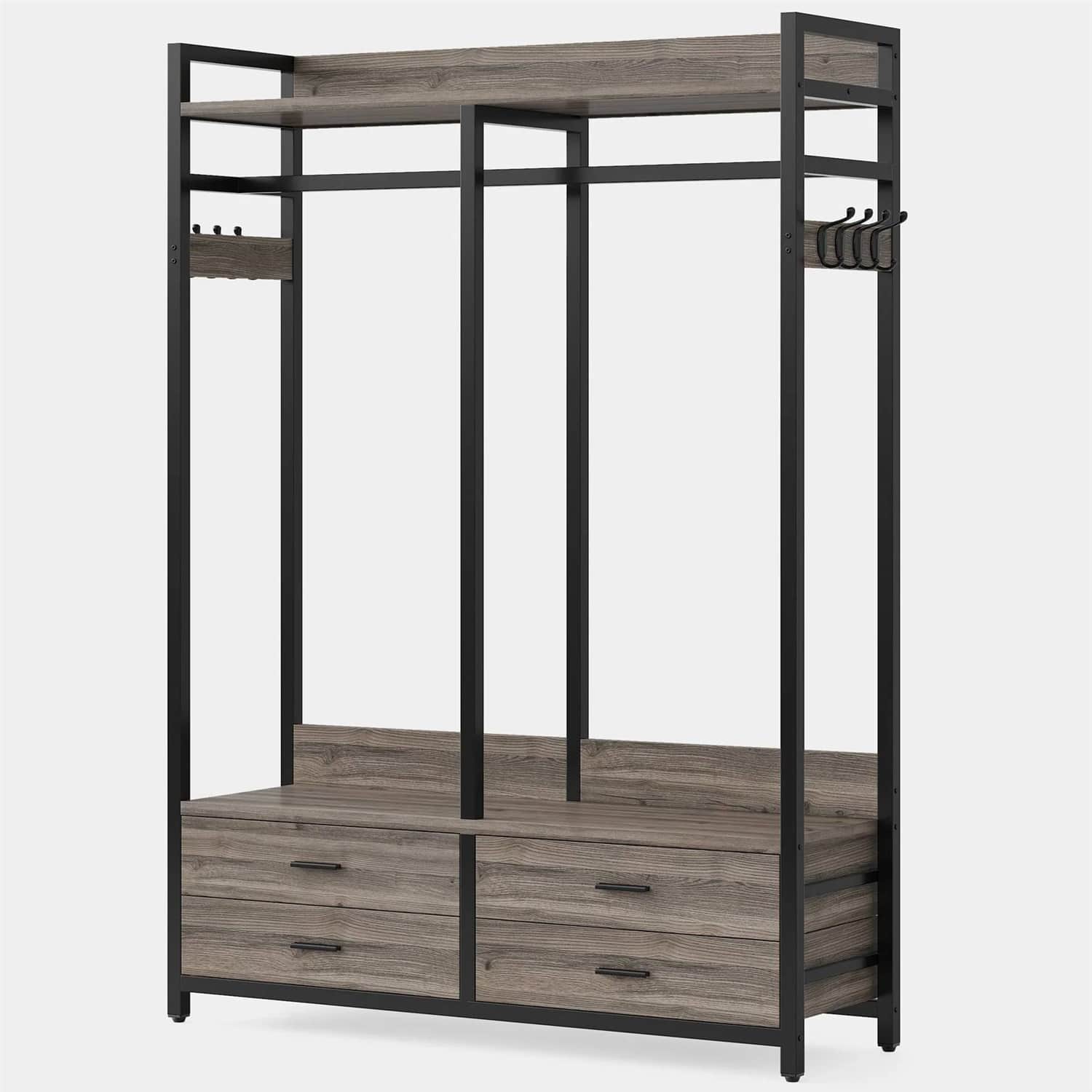 SlickBlue - Freestanding Garment Rack with Clothes Hanging Rod and 4 Storage Drawers - Grey Black