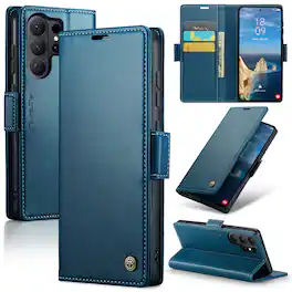 Dteck - Wallet Case for Samsung Galaxy S26 Ultra Premium Leather RFID Card Slots Kickstand Shockproof Magnetic Clasp Cover - Blue
