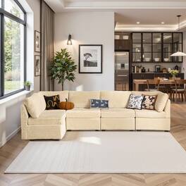 Ovios - 130.7" Modular Sectional Sofa Couch, 5-Seater Plush Corduroy L-Shaped Sofa for Living Room - Beige