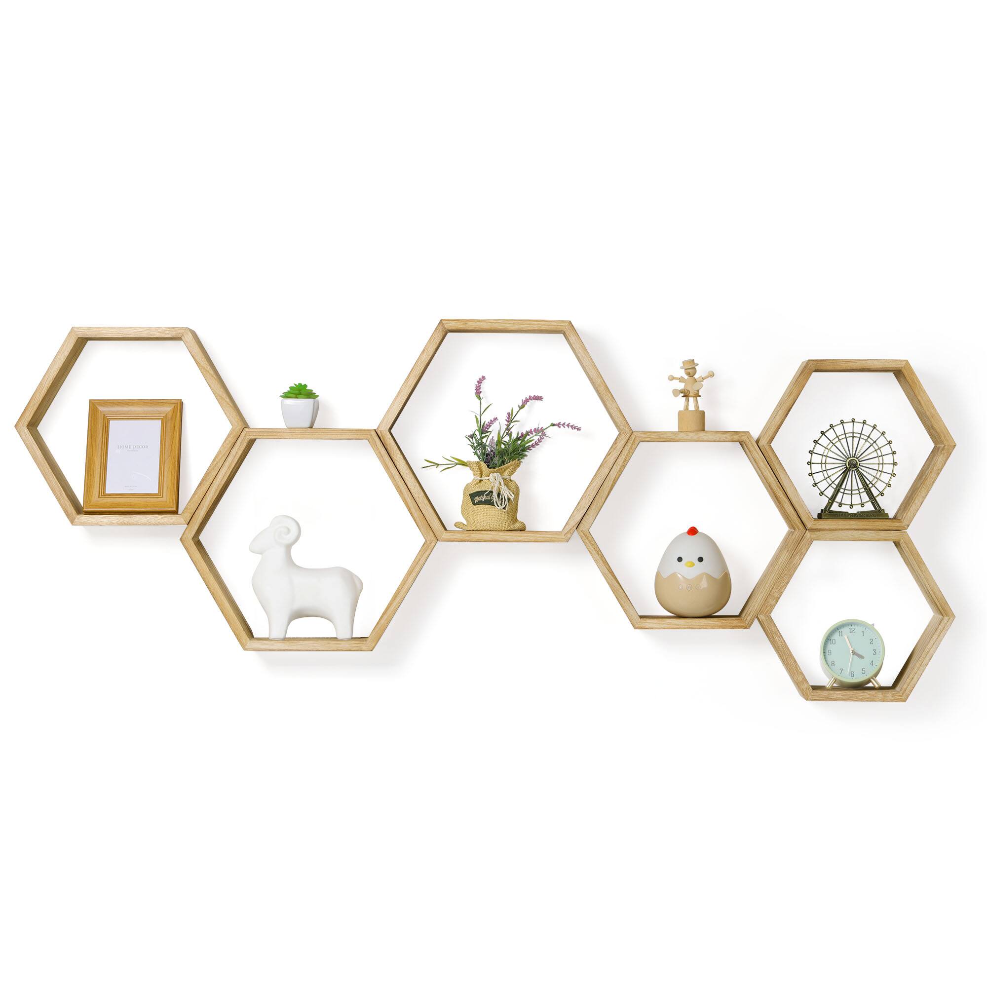 Alt View 2. Oumilen - 3-Piece Light Burnt Wood Hexagonal Floating Shelves, Honeycomb Wall Mount Display Shelf Set for Home Decor - Natural.