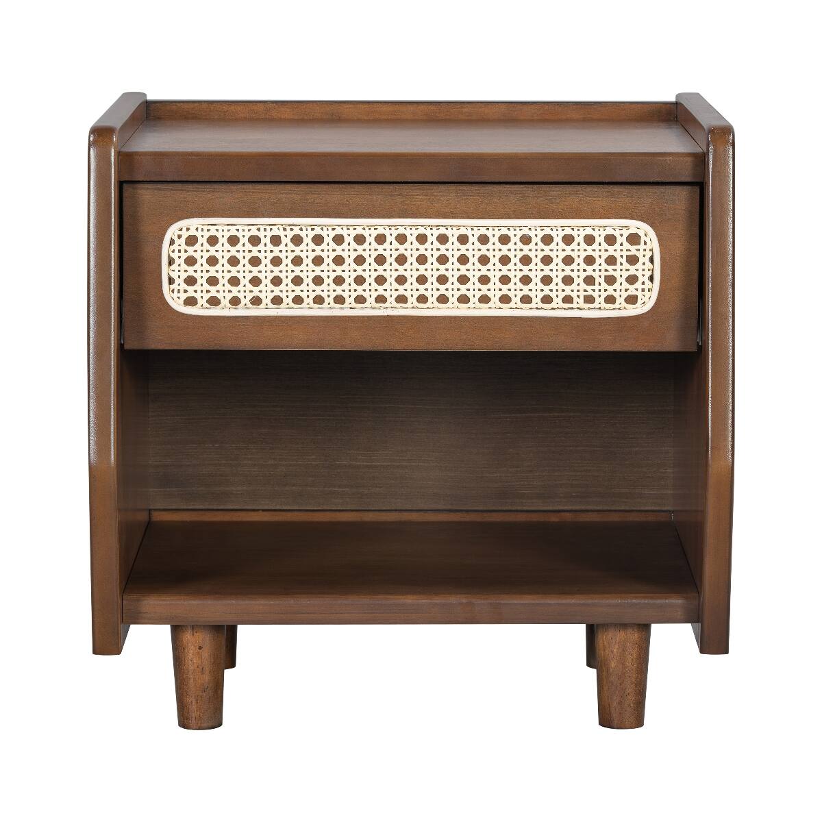 Back. Loheer - Loheer Walnut Nightstand with Rattan Detail, Open Shelf and Drawer, Modern Bedroom Storage - Walnut.