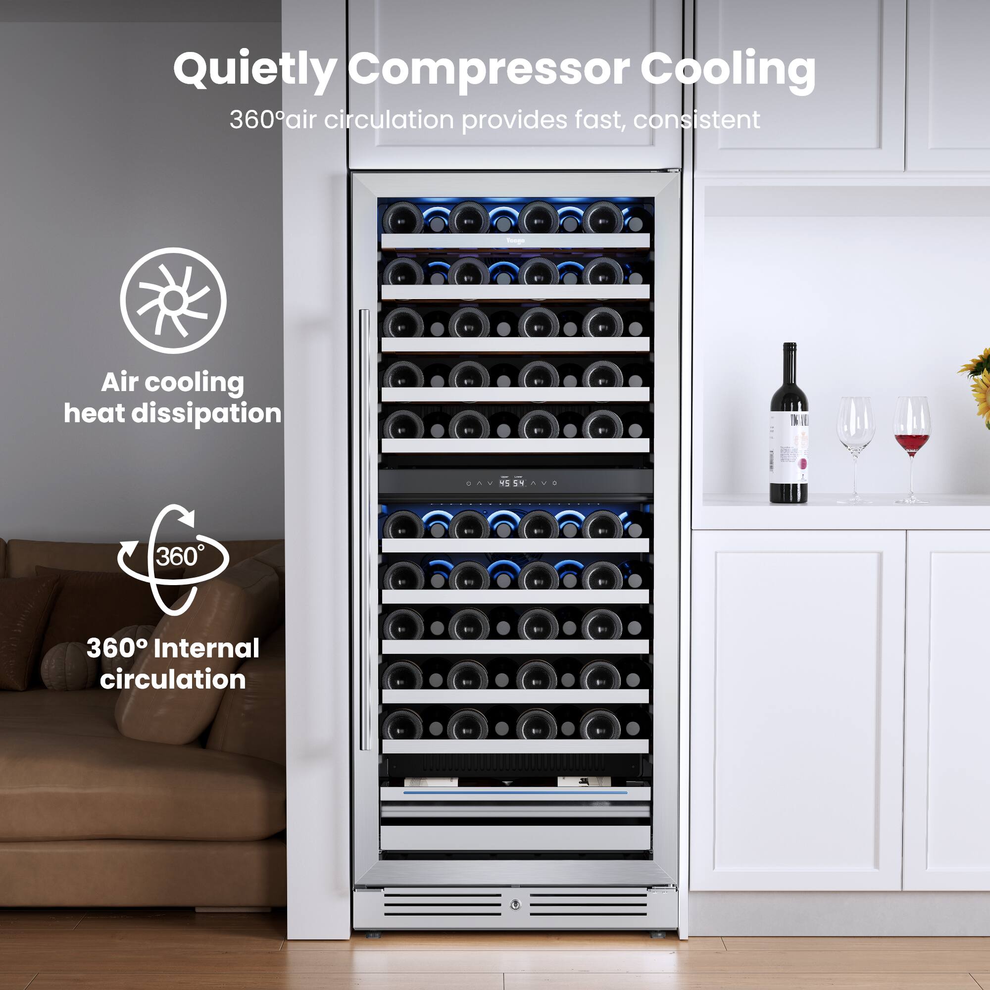 Quietly Compressor Cooling  
360° air circulation provides fast, consistent  

Air cooling heat dissipation  

360° Internal circulation