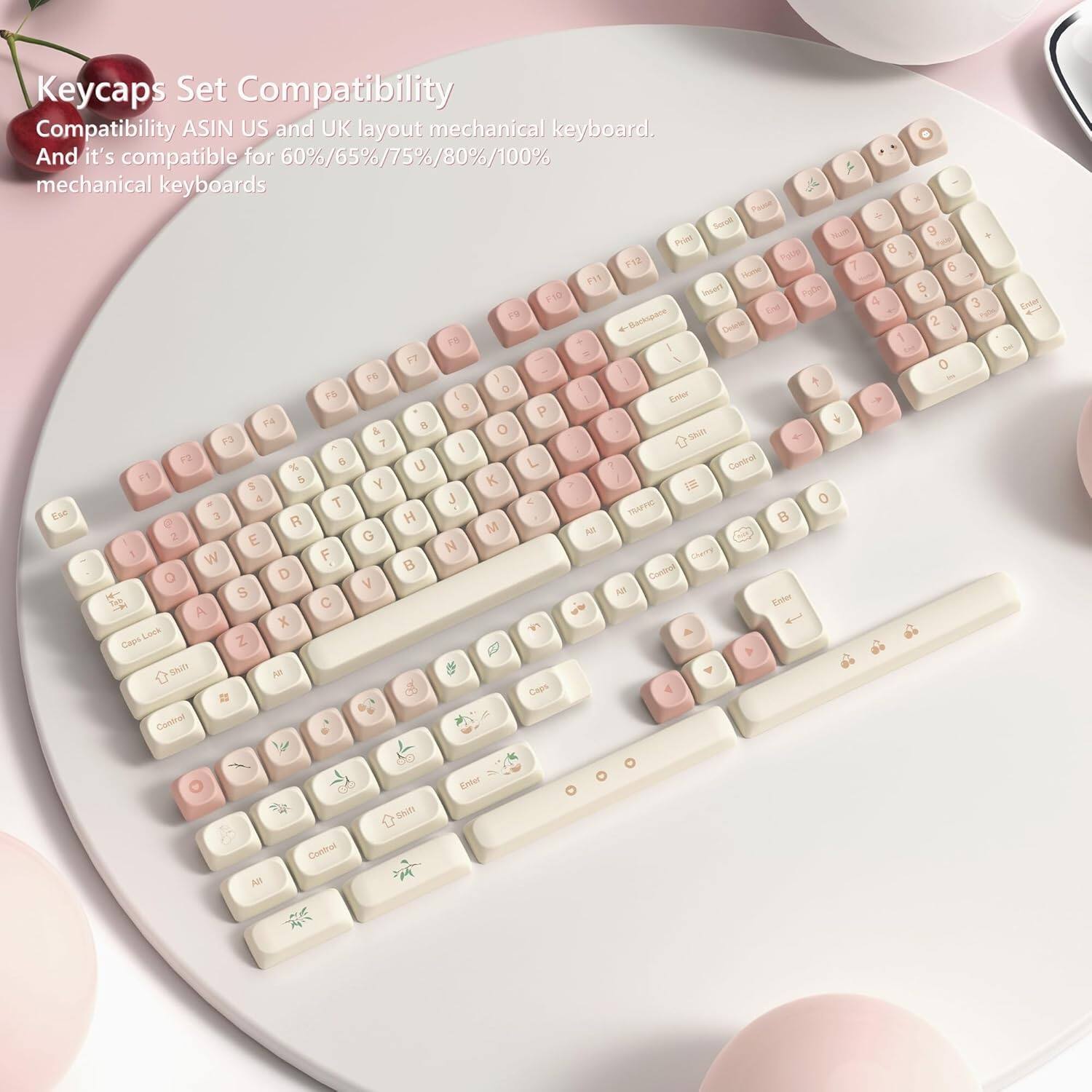 Keycaps Set Compatibility  
Compatibility ASIN US and UK layout mechanical keyboard.  
And it's compatible for 60%/65%/75%/80%/100% mechanical keyboards