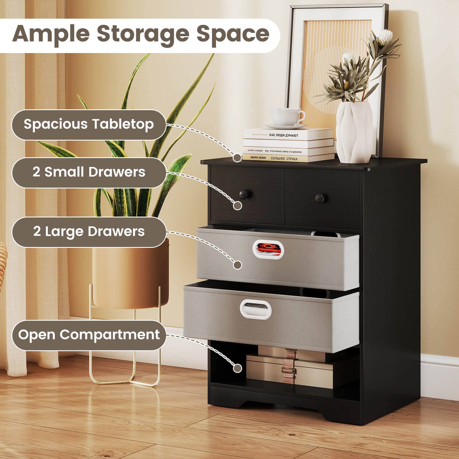 Ample Storage Space

- Spacious Tabletop
- 2 Small Drawers
- 2 Large Drawers
- Open Compartment