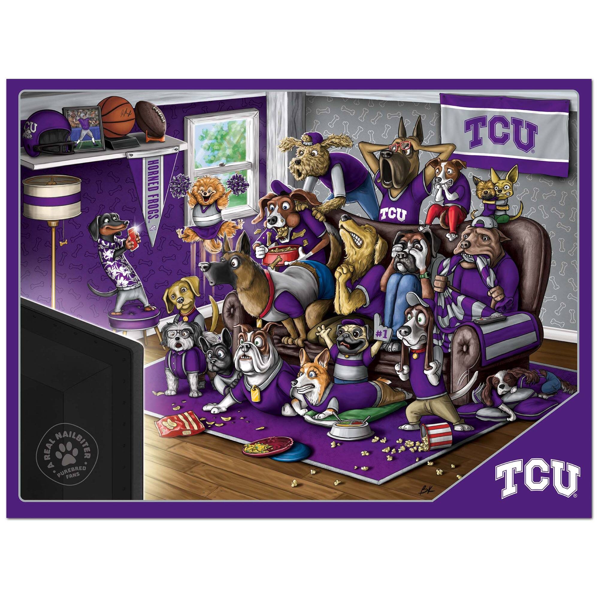 Sure, here is the corrected and grouped text from the image:

---

**Top Left:**
- "HORNED FROGS"

**Top Center:**
- "TCU"

**Top Right:**
- "TCU"

**Bottom Left:**
- "ARIAL NAILBITER"
- "PURGEES"
- "FANS"

**Bottom Center:**
- "#1"

**Bottom Right:**
- "TCU"

**Banner on Shelf:**
- "HORNED FROGS"

**On the TV Screen:**
- "TCU"

**On the Dog's Collar (bottom left):**
- "TCU"

**On the Dog's Shirt (bottom center):**
- "#1"

**On the Dog's Shirt (bottom right):**
- "TCU"

**On the Dog's Shirt (center):**
- "TCU"

**On the Dog's Shirt (right):**
- "TCU"

**On the Dog's Shirt (left):**
- "TCU"

**On the Dog's Shirt (bottom left):**
- "TCU"

**On the Dog's Shirt (bottom center):**
- "TCU"

**On the Dog's Shirt (bottom right):**
-