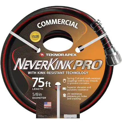 COMMERCIAL LIFETIME GUARANTEE TEKNORAPEX APEX NEVERKINK PRO WITH KINK-RESISTANT TECHNOLOGY Spring Coil and crush-resistant couplings with brass threads to prevent corrosion Superior abrasion and puncture resistance UV resistance prevents pin holes and cracking 75ft LENGTH 5/8in DIAMETER MADE IN U.S.A.