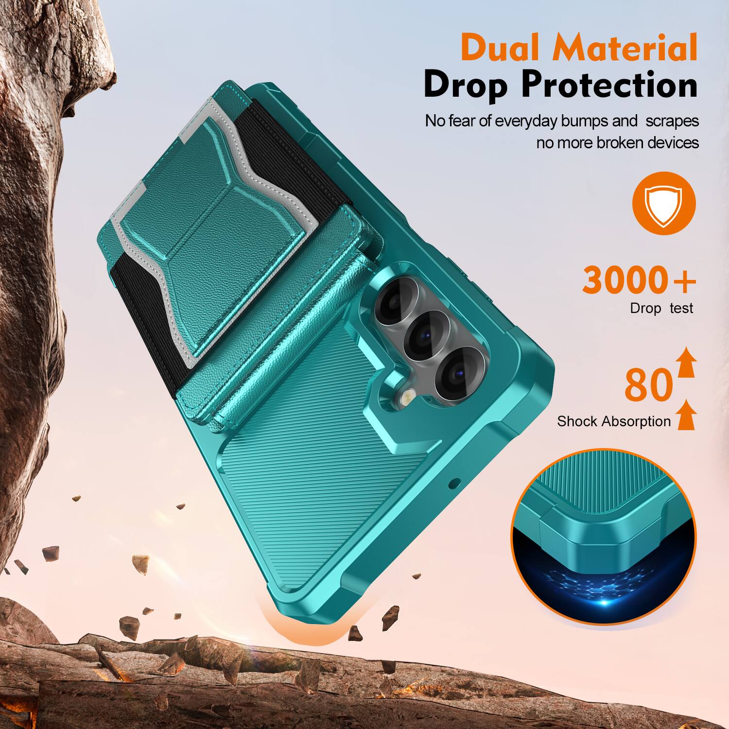 Dual Material Drop Protection  
No fear of everyday bumps and scrapes, no more broken devices  

3000+ Drop test  
80 Shock Absorption