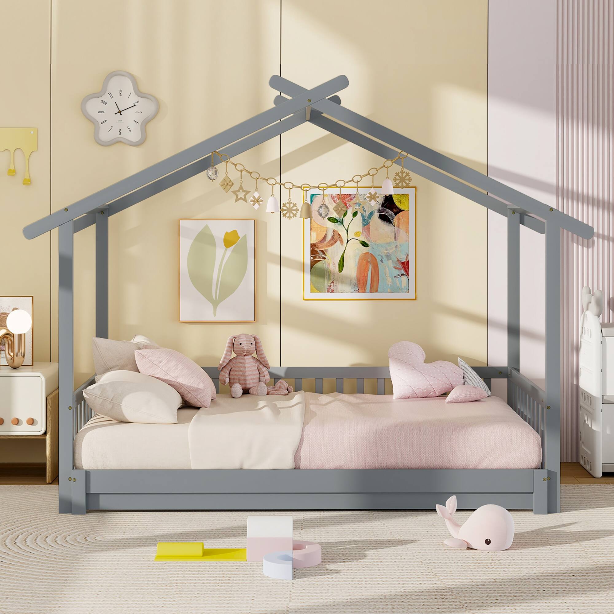 Alt View 3. Gymax - Gymax Wooden House Bed Twin to King Daybed w/ Safety Rails & Decorable Roof Gray - Gray.