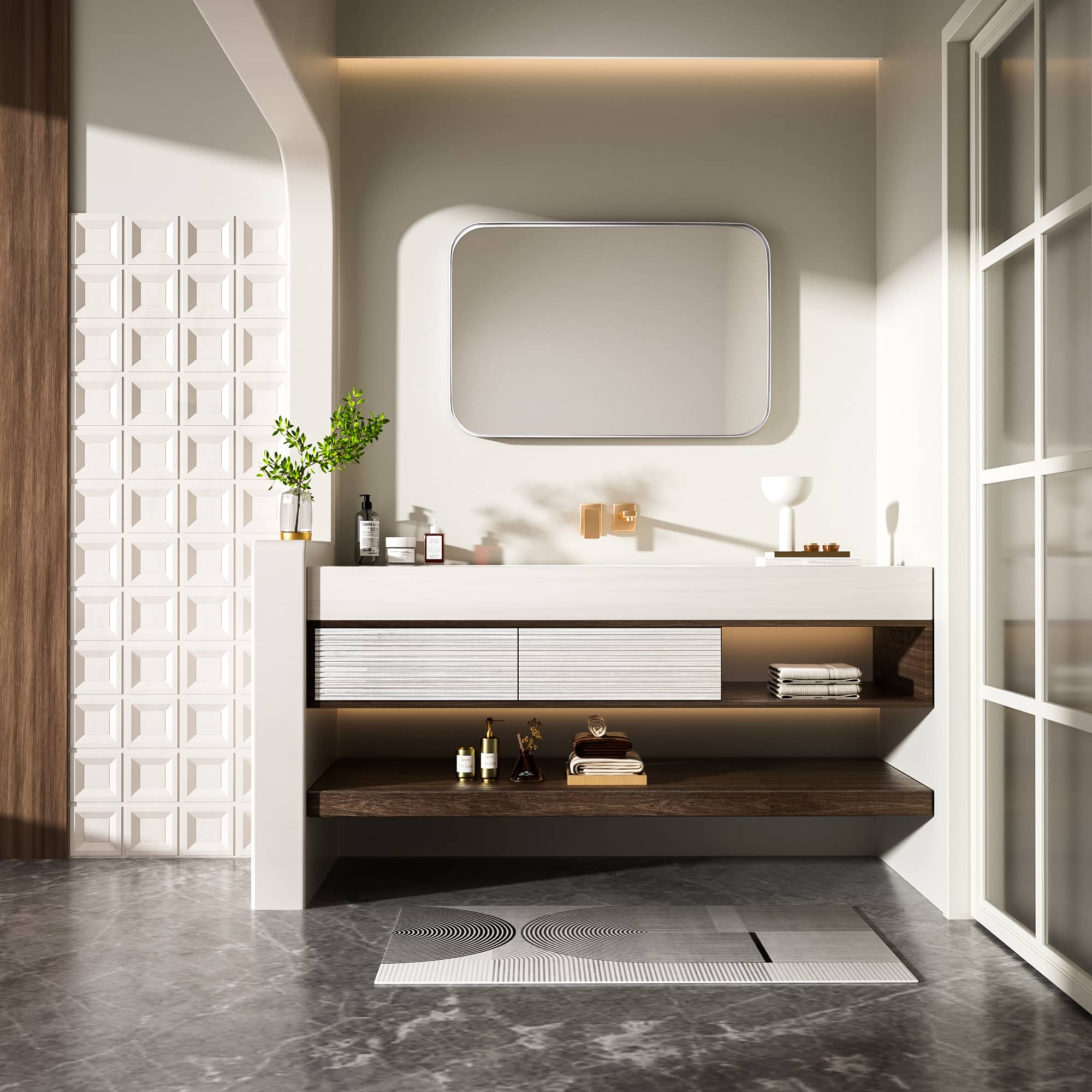 Left. LOVMOR - Tempered Glass Rounded Rectangle Framed Wall-Mounted Bathroom Vanity Mirror - 20" x 30" - Silver.